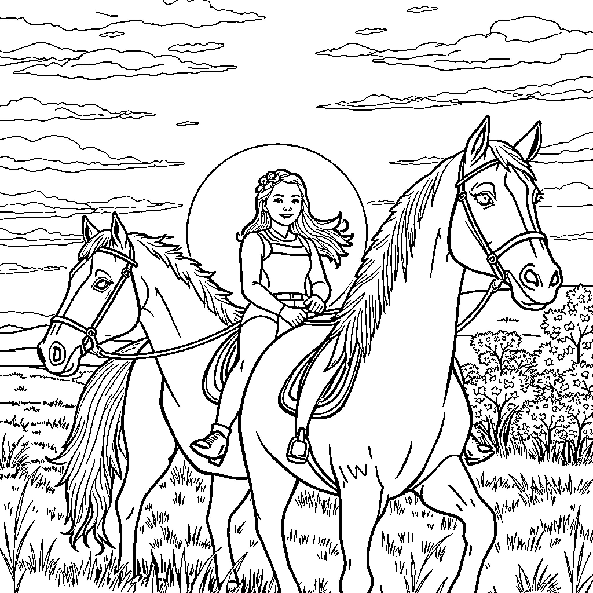 Bibi and Tina riding horses in the countryside Coloring Page (free black-and-white line drawing printable PDF for all, from beginners to advanced learners, including children, teens, adults, and seniors)