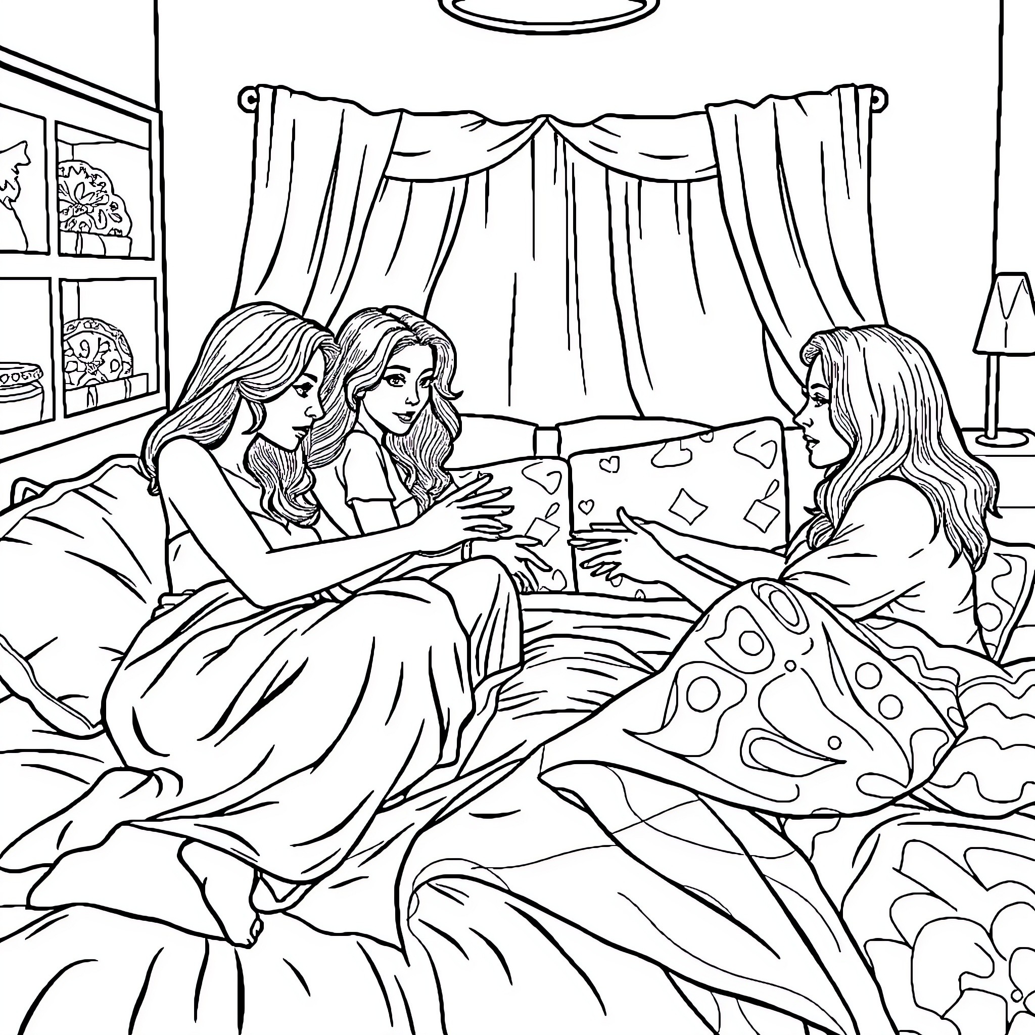 Phoenix Pajama Party with Friends Coloring Page (free black-and-white line drawing printable PDF for all, from beginners to advanced learners, including children, teens, adults, and seniors)