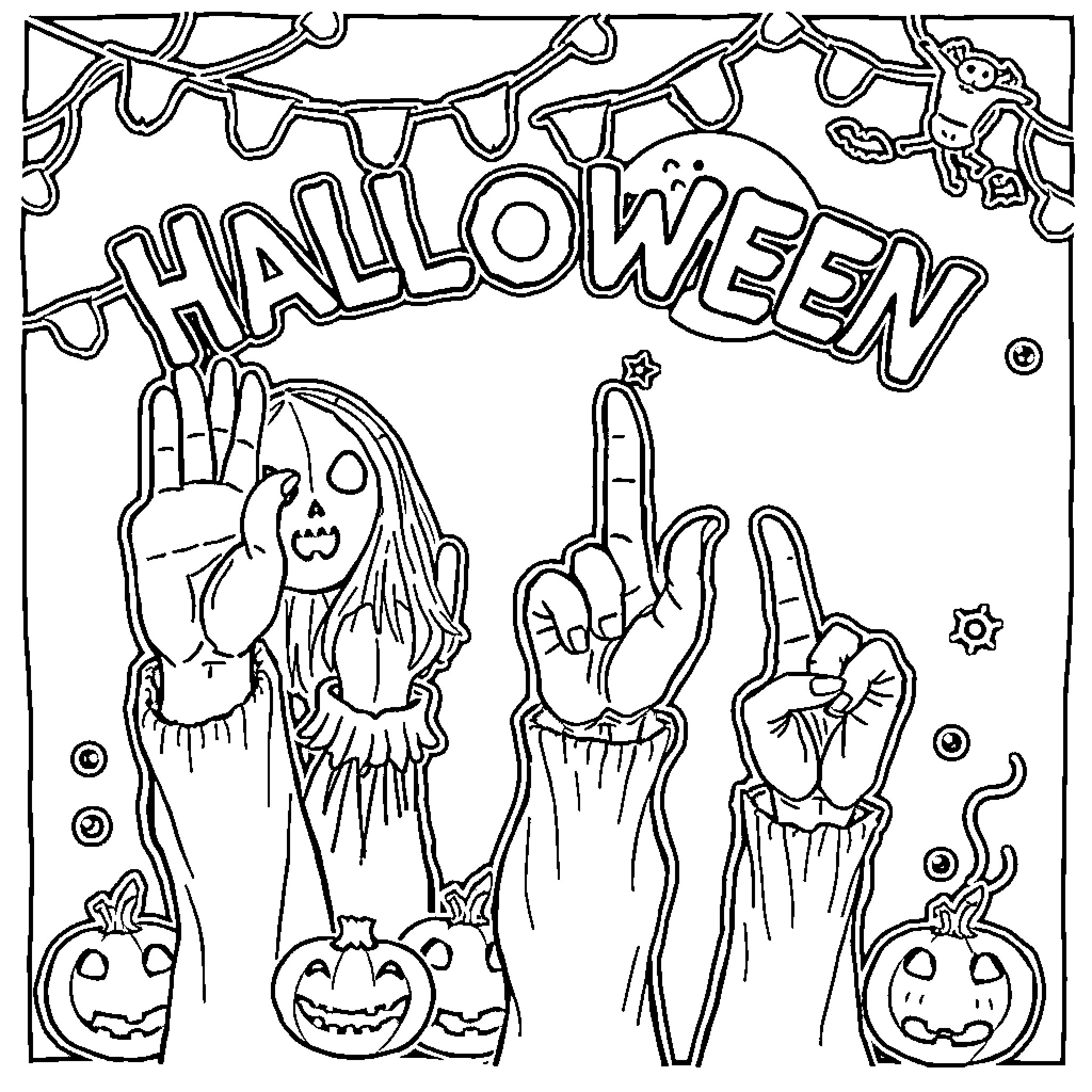 Halloween characters celebrating with spooky hand gestures Coloring Page (free black-and-white line drawing printable PDF for all, from beginners to advanced learners, including children, teens, adults, and seniors)