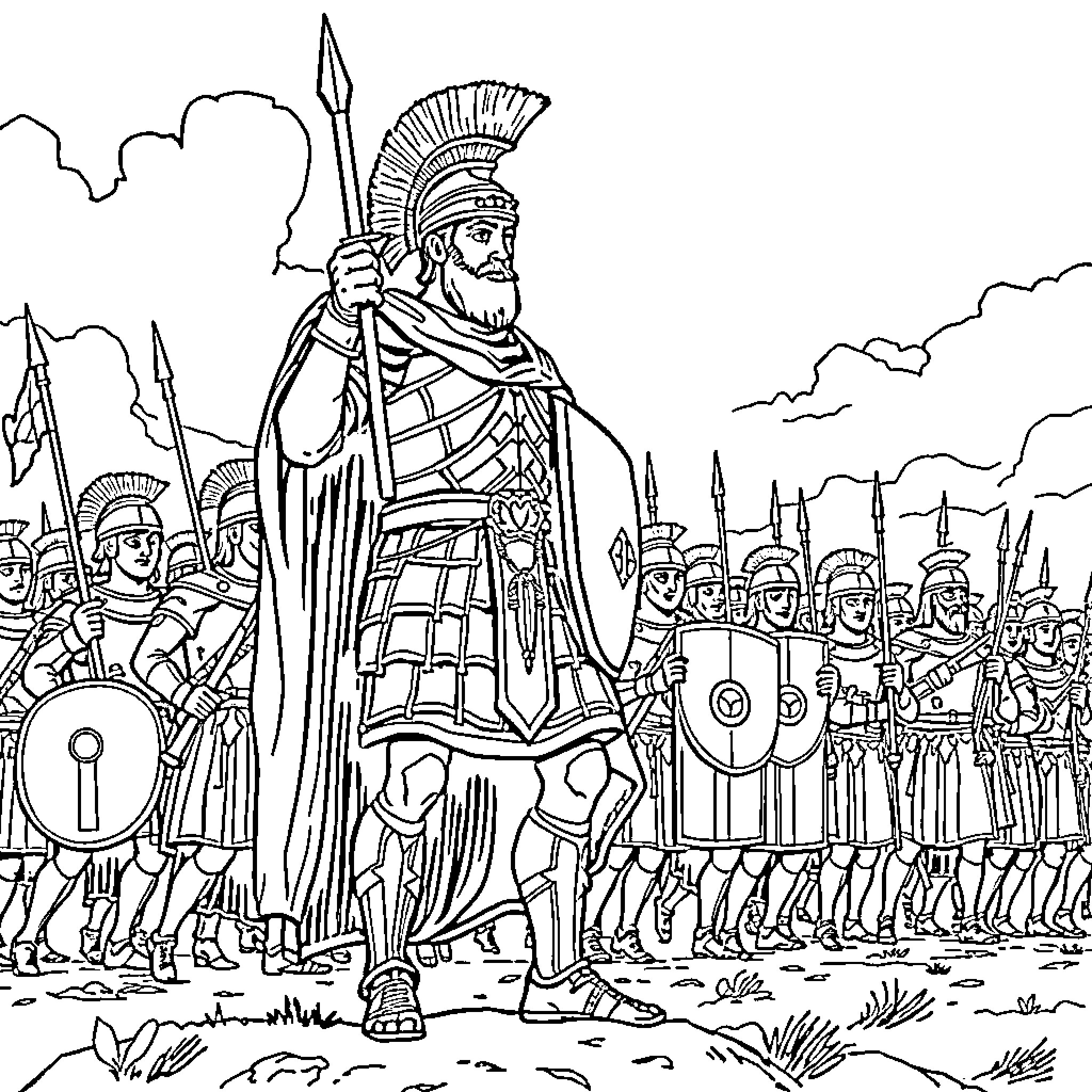 Alexander Leading Armored Troops in Battle Formation Coloring Page (free black-and-white line drawing printable PDF for all, from beginners to advanced learners, including children, teens, adults, and seniors)