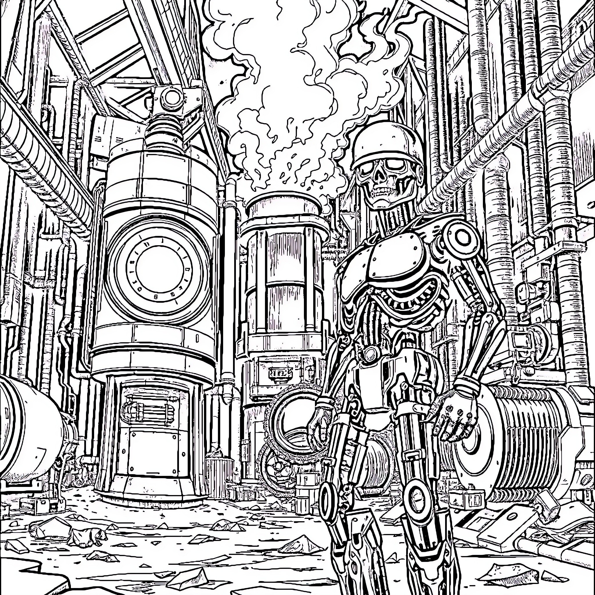 HAL 9000 Confronted by Futuristic Machinery Coloring Page (free black-and-white line drawing printable PDF for all, from beginners to advanced learners, including children, teens, adults, and seniors)