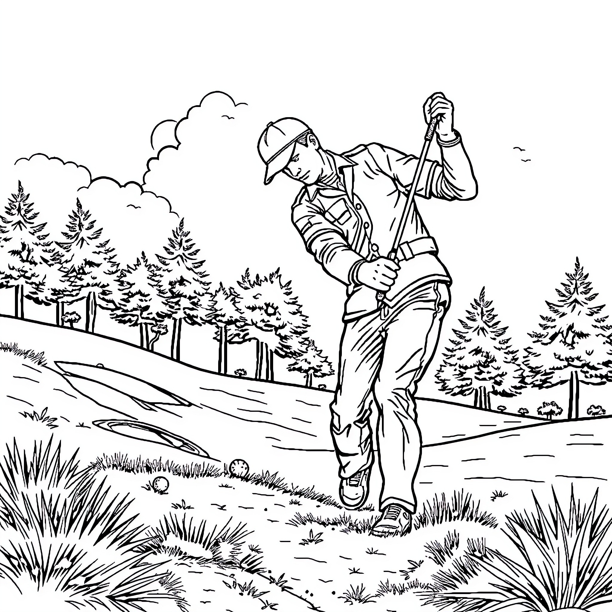 Marine Exploring the Wilderness Landscape Coloring Page (free black-and-white line drawing printable PDF for all, from beginners to advanced learners, including children, teens, adults, and seniors)