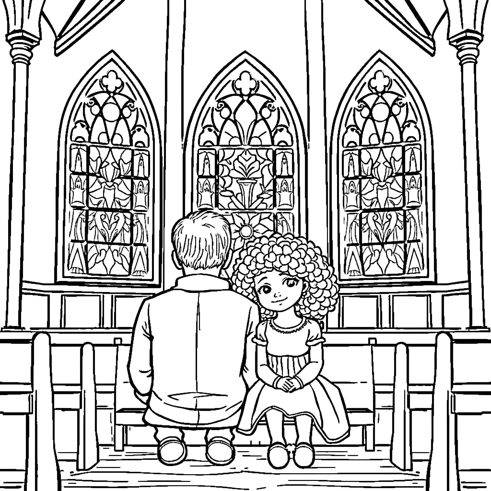 Girl praying in a church Coloring Page (free black-and-white line drawing printable PDF for all, from beginners to advanced learners, including children, teens, adults, and seniors)