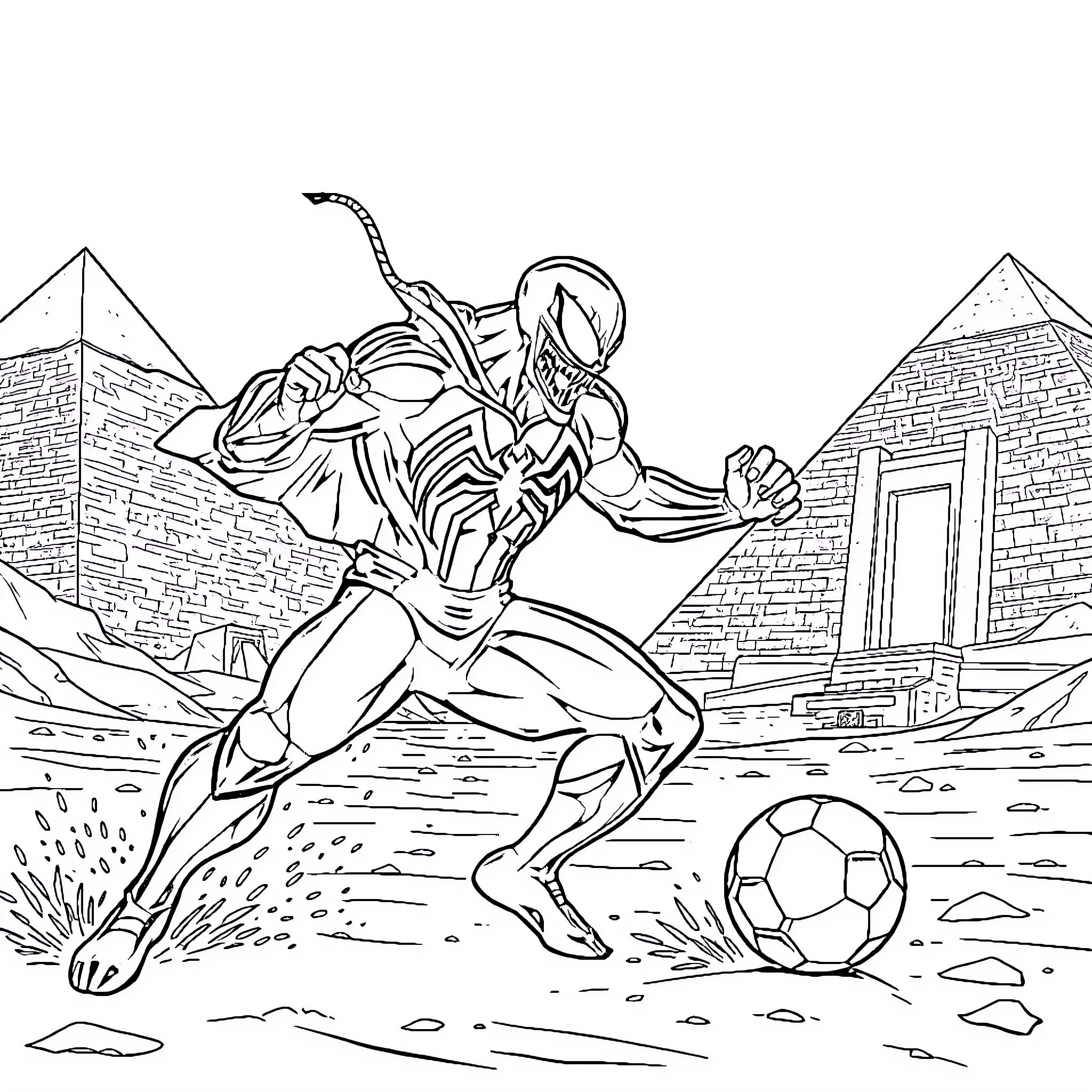 Venom Playing Soccer in Ancient Egypt Coloring Page (free black-and-white line drawing printable PDF for all, from beginners to advanced learners, including children, teens, adults, and seniors)