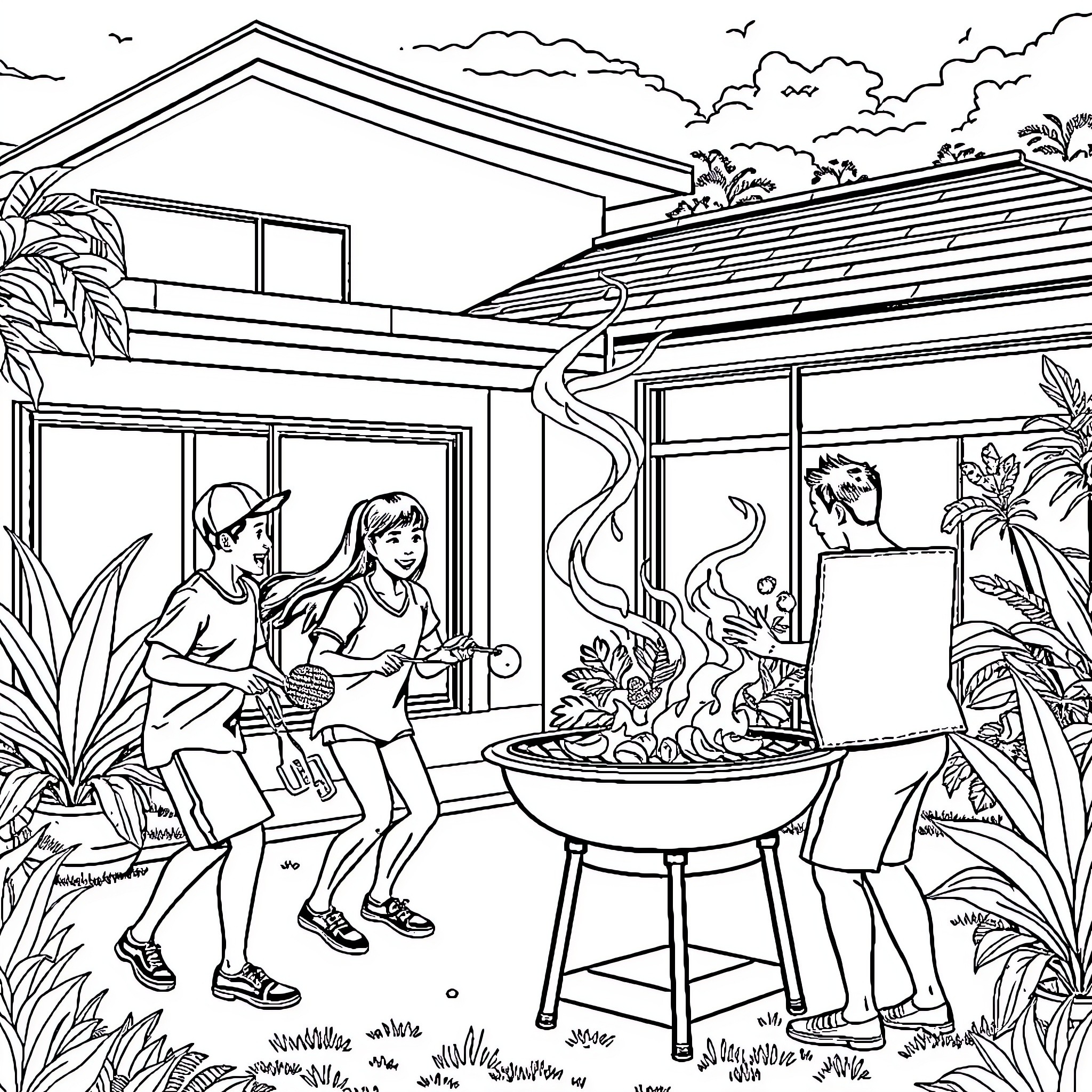 BBQ party with friends in a tropical backyard Coloring Page (free black-and-white line drawing printable PDF for all, from beginners to advanced learners, including children, teens, adults, and seniors)