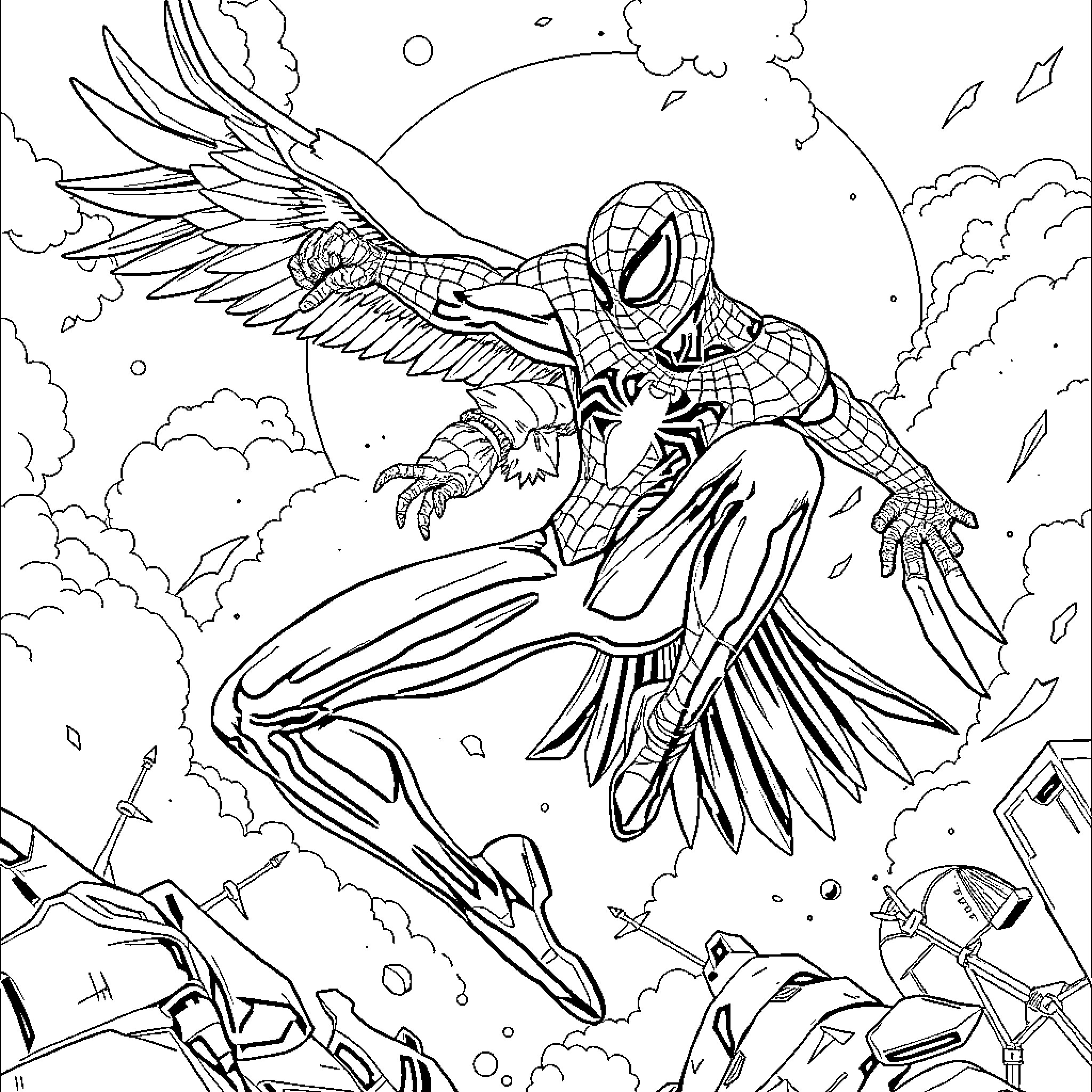 Spiderman soaring through the sky with wings Coloring Page (free black-and-white line drawing printable PDF for all, from beginners to advanced learners, including children, teens, adults, and seniors)