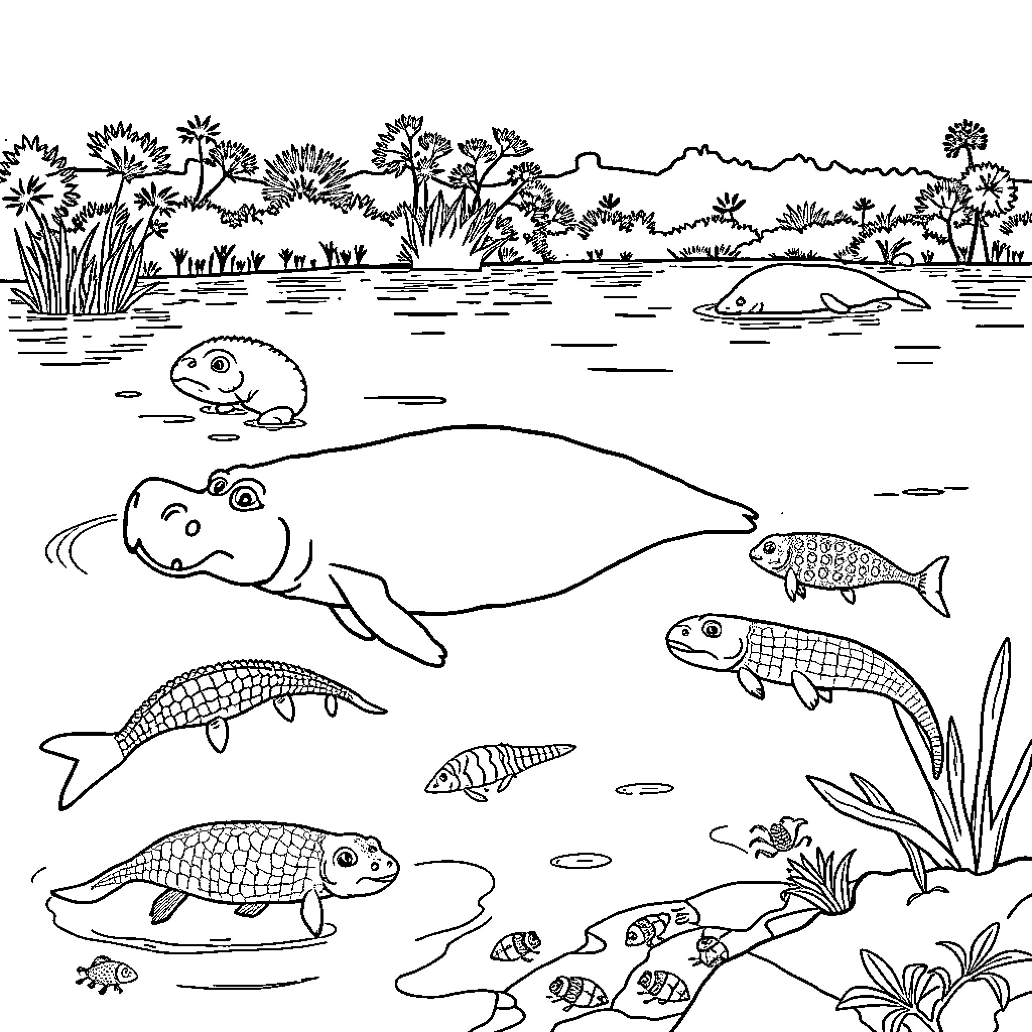 Manatee swimming with fish in the water Coloring Page (free black-and-white line drawing printable PDF for all, from beginners to advanced learners, including children, teens, adults, and seniors)