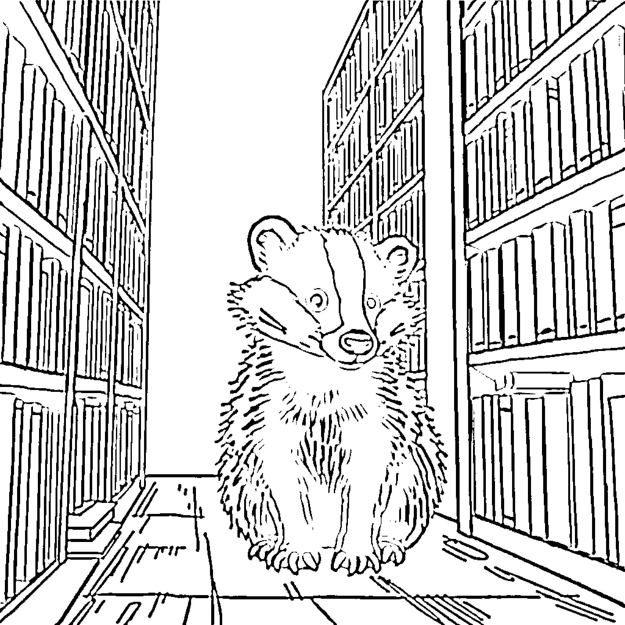 Badger exploring the city streets Coloring Page (free black-and-white line drawing printable PDF for all, from beginners to advanced learners, including children, teens, adults, and seniors)
