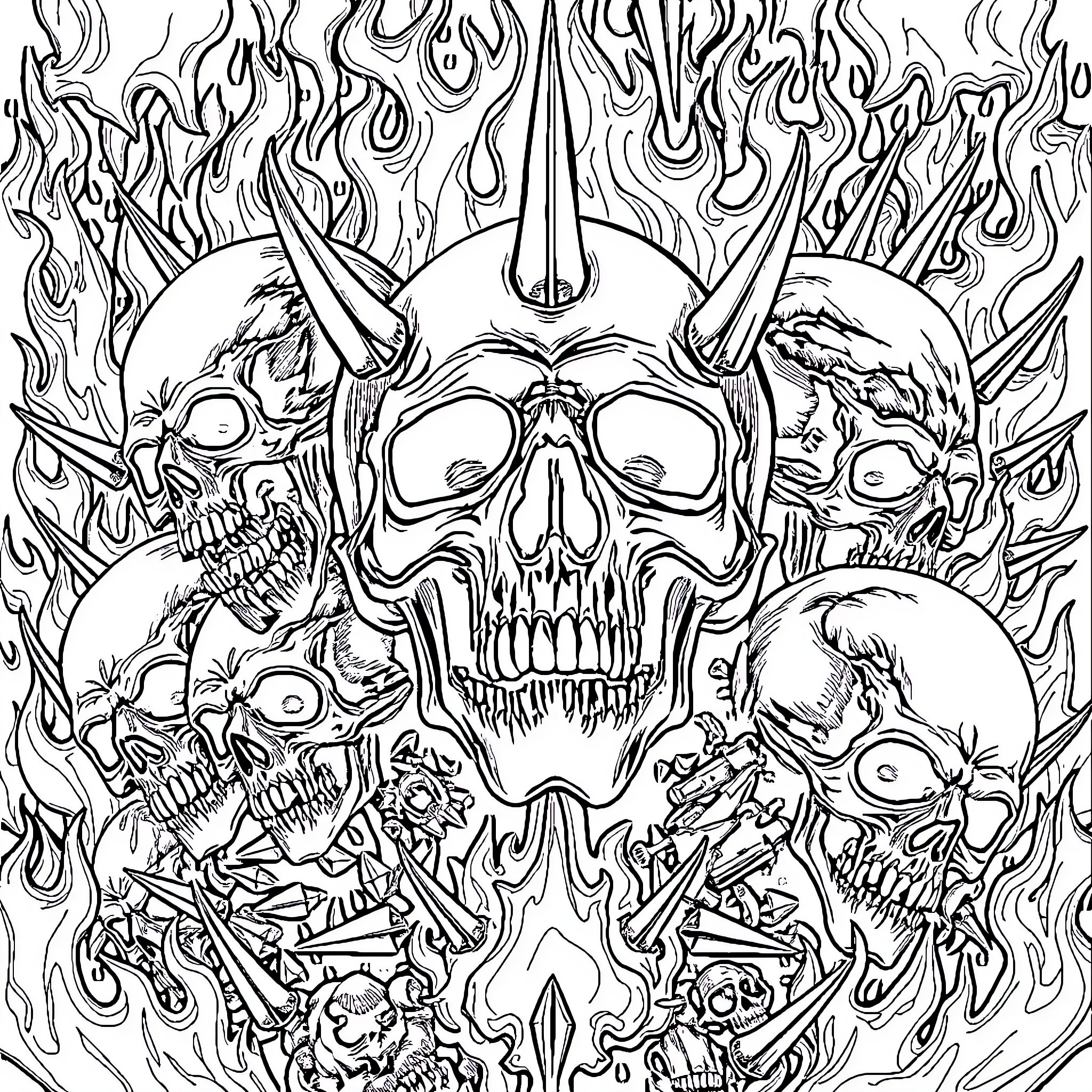 Skull of Demons and Flames Coloring Page (free black-and-white line drawing printable PDF for all, from beginners to advanced learners, including children, teens, adults, and seniors)
