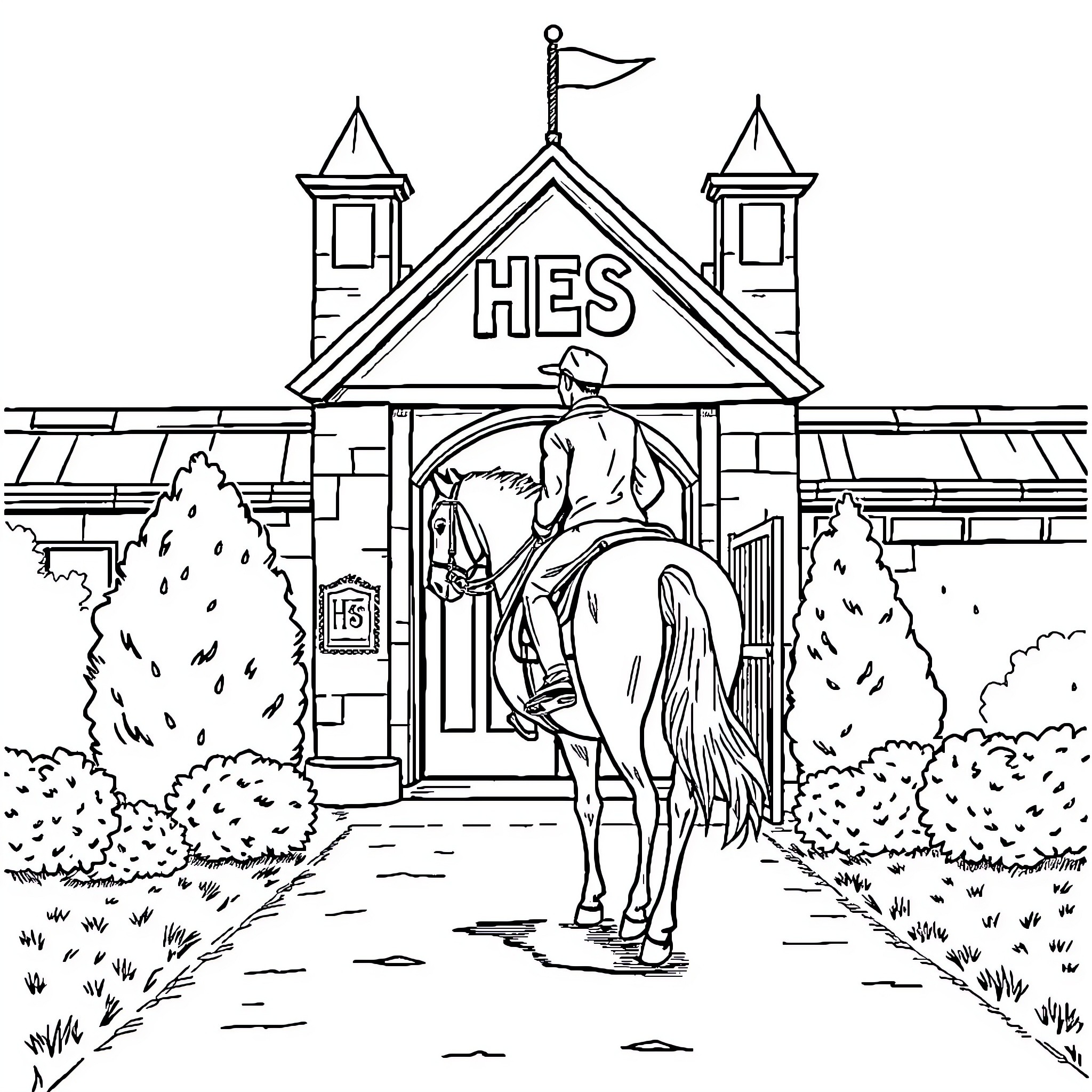 Horse rider entering school gates Coloring Page (free black-and-white line drawing printable PDF for all, from beginners to advanced learners, including children, teens, adults, and seniors)