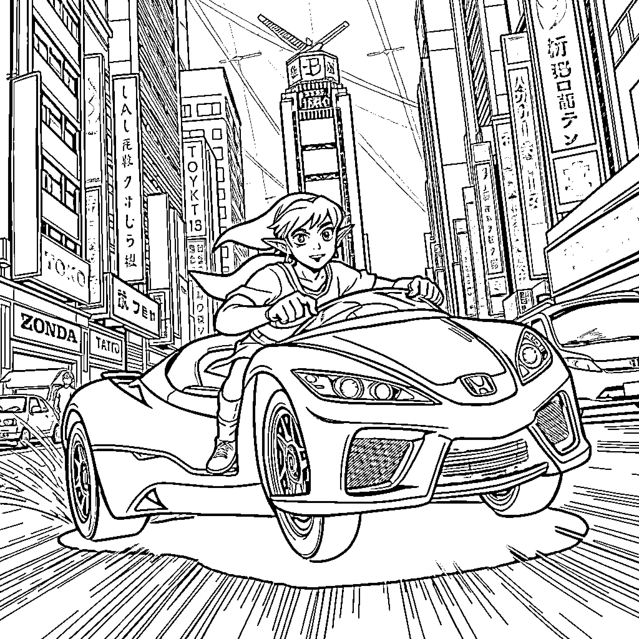 Link speeding through the city in a sports car Coloring Page (free black-and-white line drawing printable PDF for all, from beginners to advanced learners, including children, teens, adults, and seniors)