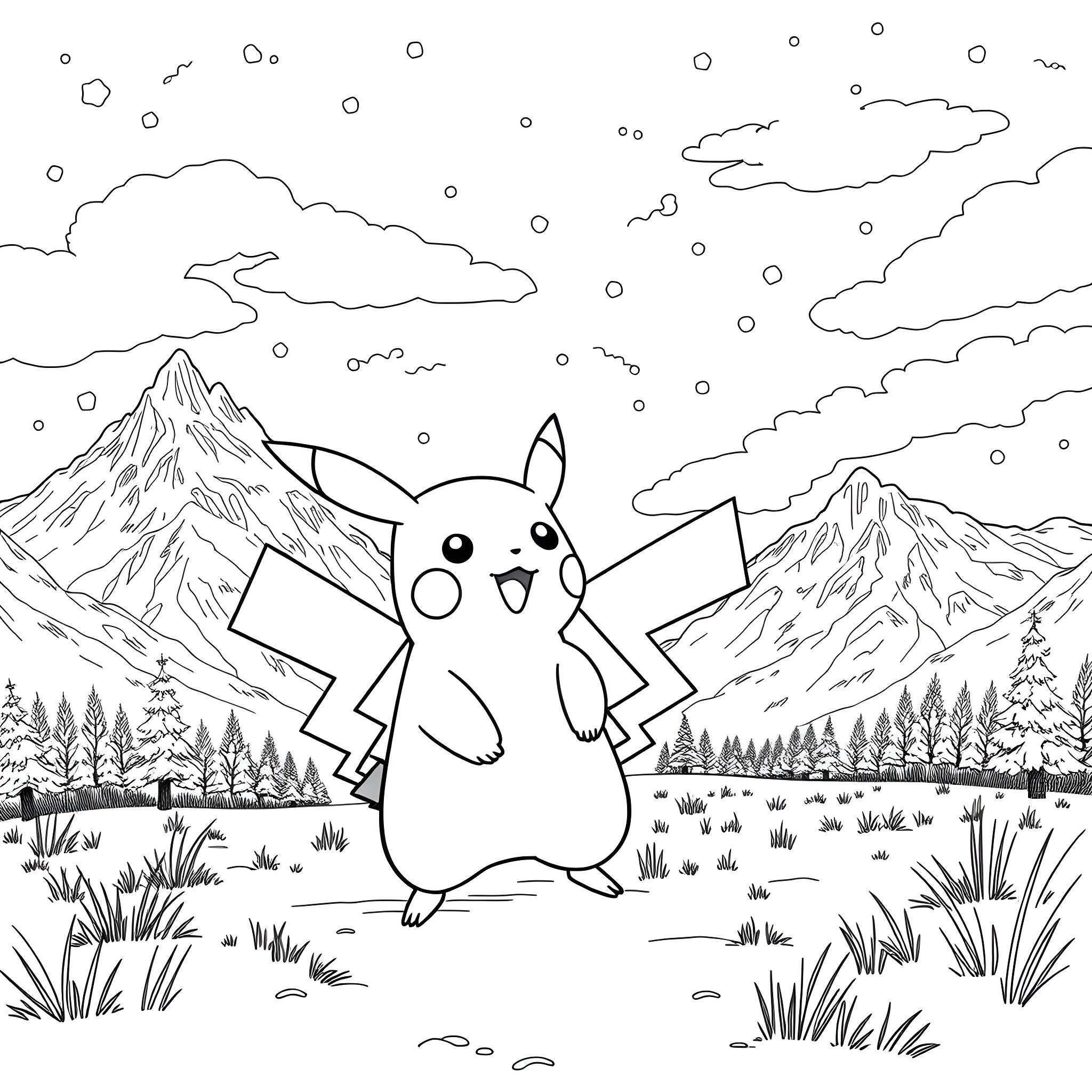 Pikachu excited in a winter landscape Coloring Page (free black-and-white line drawing printable PDF for all, from beginners to advanced learners, including children, teens, adults, and seniors)