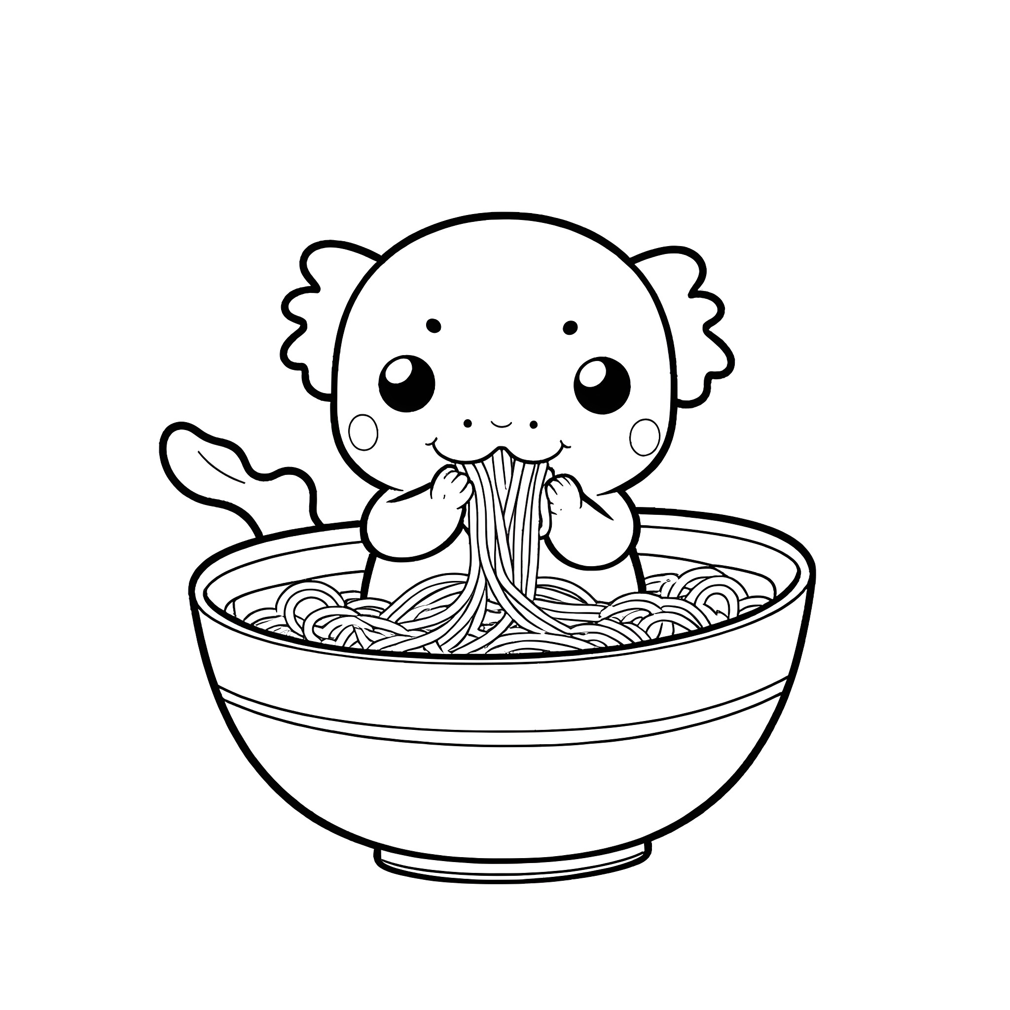 Axolotl enjoying delicious noodle dish Coloring Page (free black-and-white line drawing printable PDF for all, from beginners to advanced learners, including children, teens, adults, and seniors)