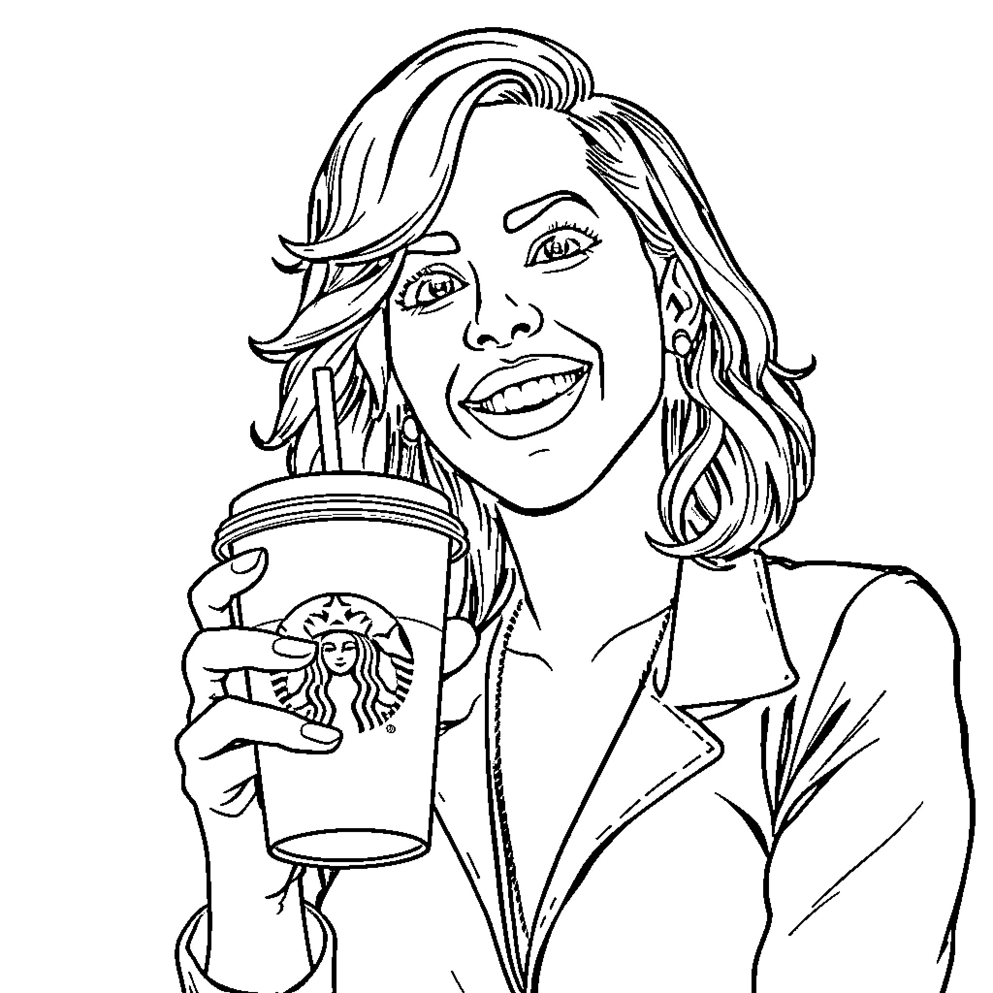 Katy Perry Enjoying a Coffee Break Coloring Page (free black-and-white line drawing printable PDF for all, from beginners to advanced learners, including children, teens, adults, and seniors)