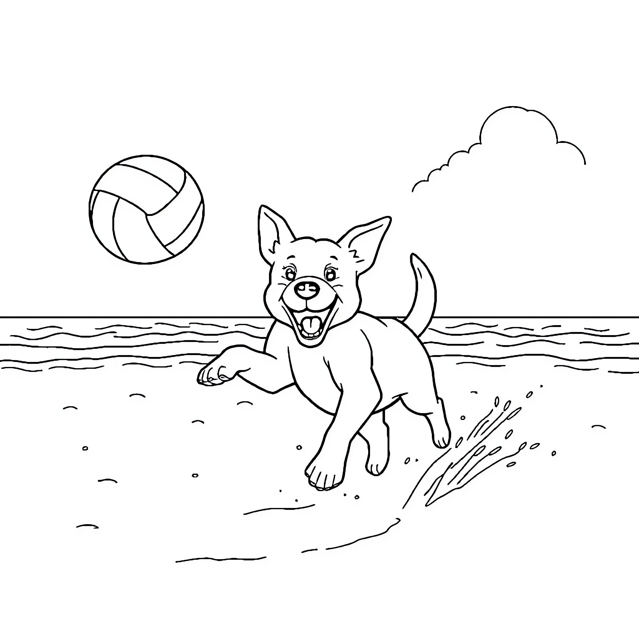 Dog playing with volleyball on the beach Coloring Page (free black-and-white line drawing printable PDF for all, from beginners to advanced learners, including children, teens, adults, and seniors)
