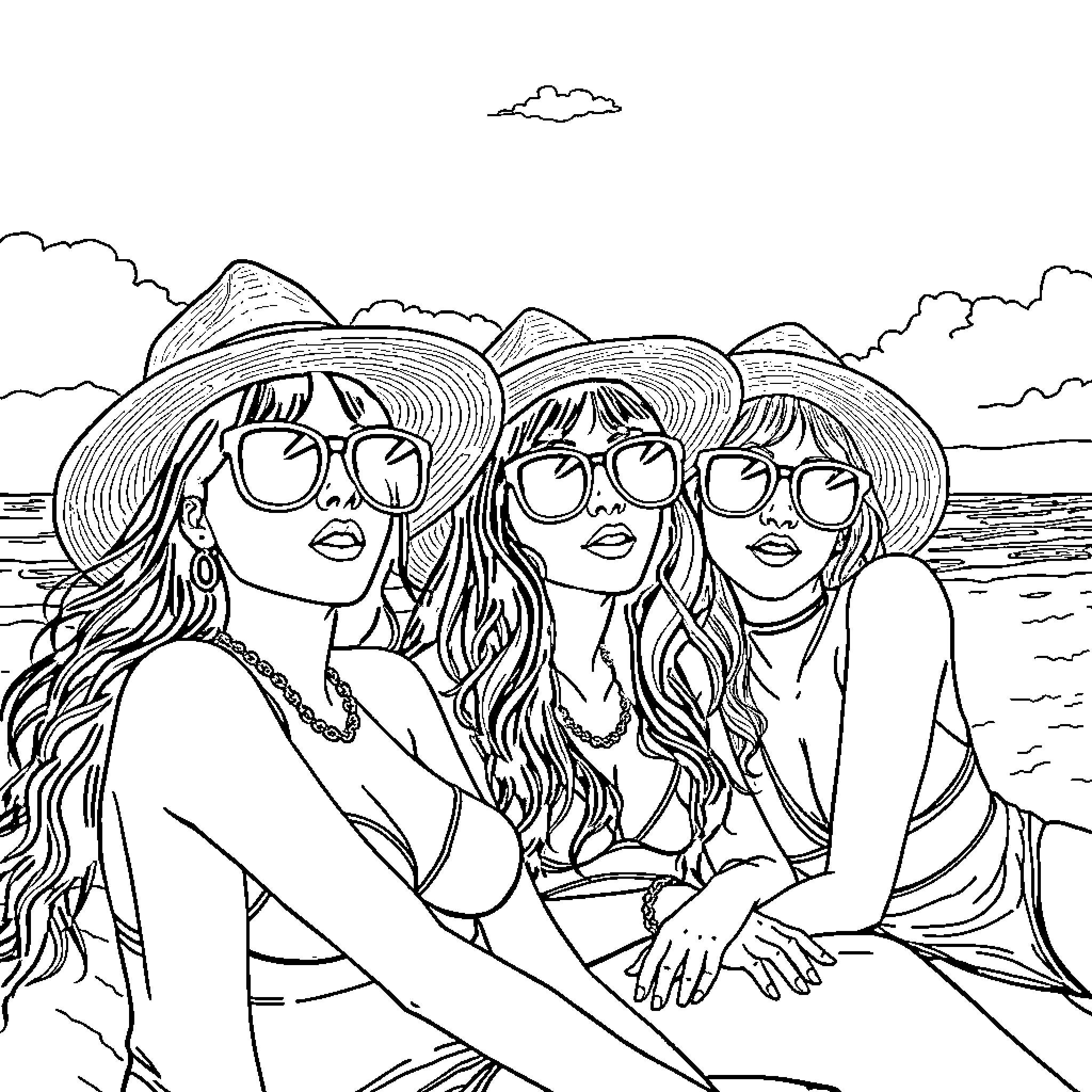 K Pop Warrior Beach Squad Posing Confidently Coloring Page (free black-and-white line drawing printable PDF for all, from beginners to advanced learners, including children, teens, adults, and seniors)