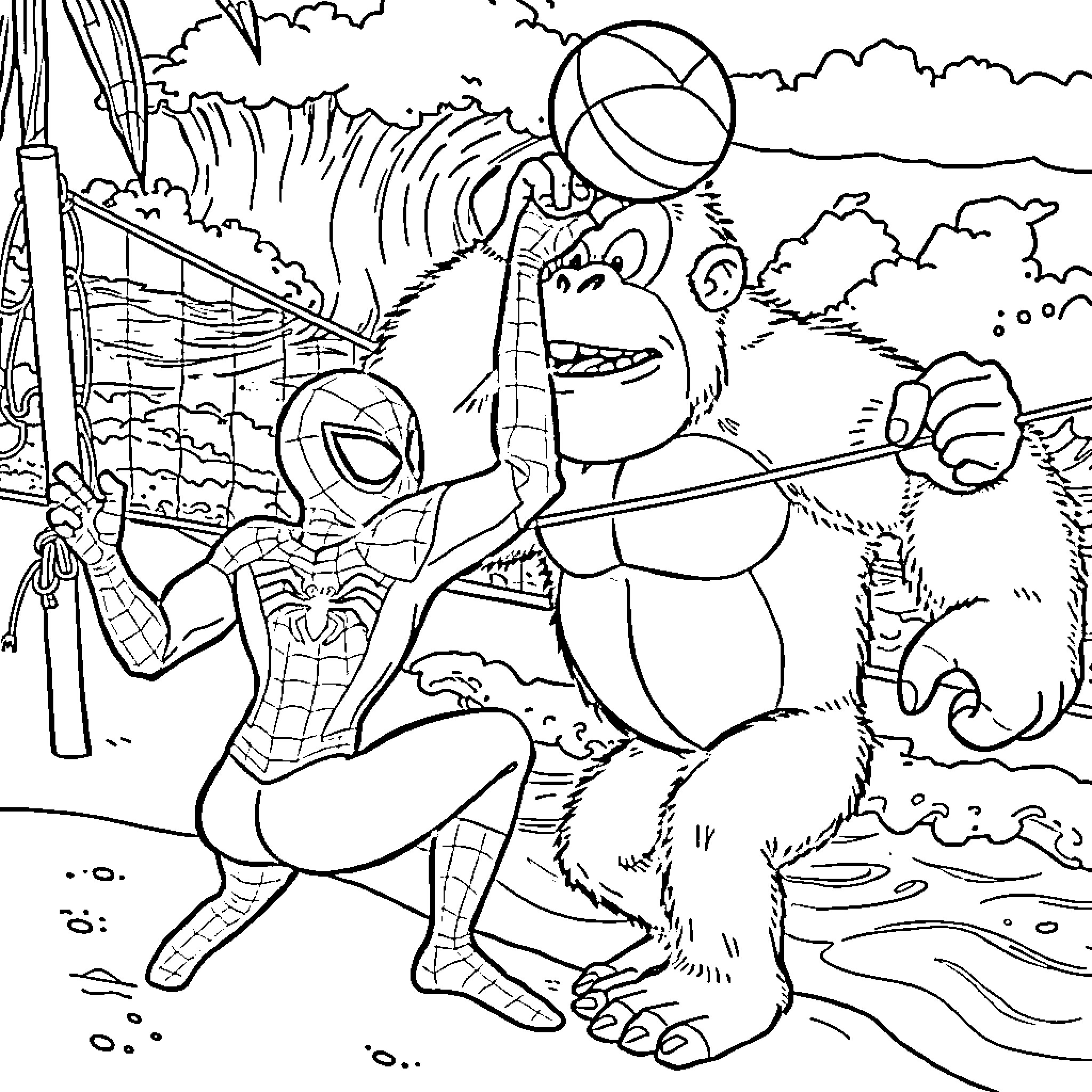 Spider-Man battling a giant furry monster Coloring Page (free black-and-white line drawing printable PDF for all, from beginners to advanced learners, including children, teens, adults, and seniors)
