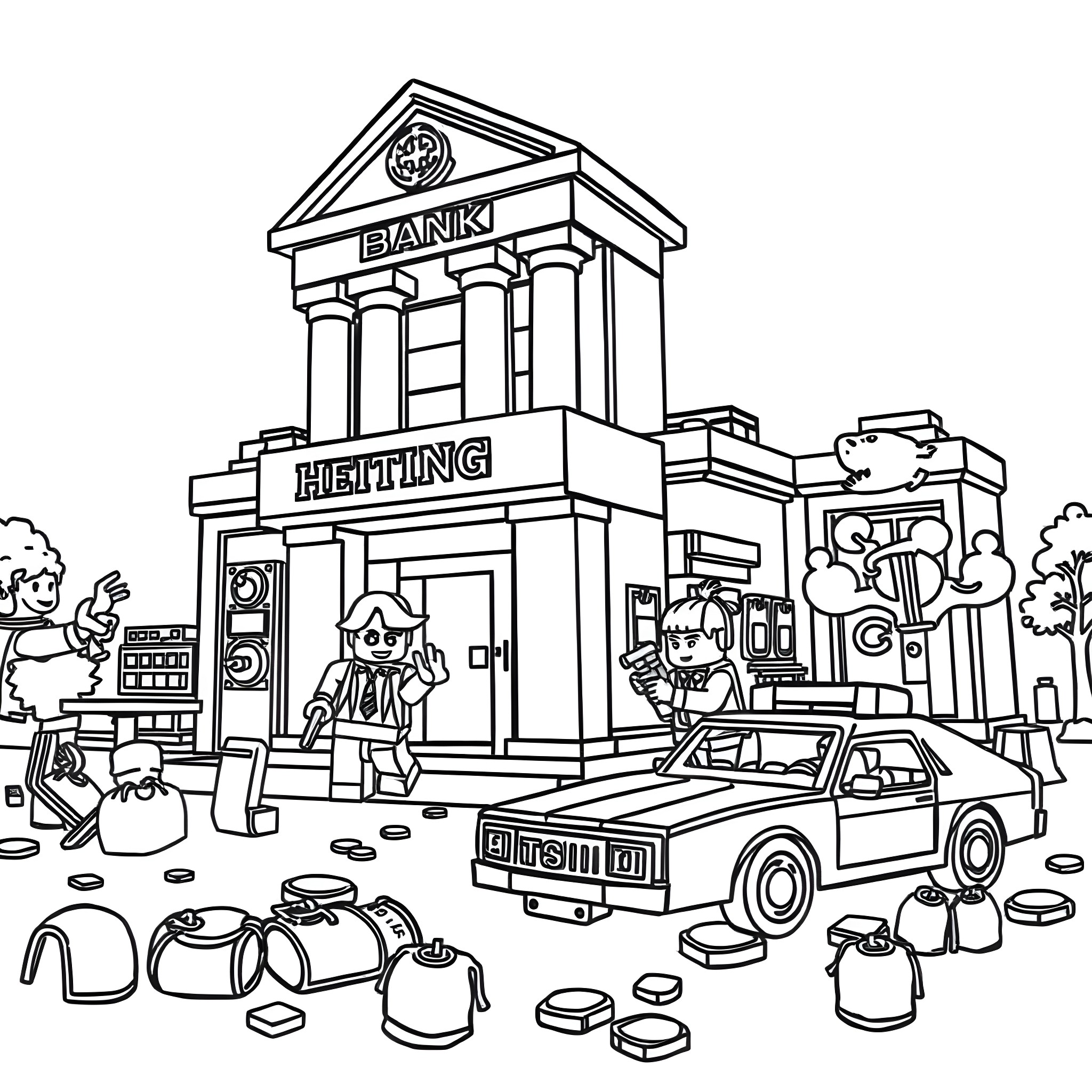 Lego characters in an action-packed urban scene Coloring Page (free black-and-white line drawing printable PDF for all, from beginners to advanced learners, including children, teens, adults, and seniors)