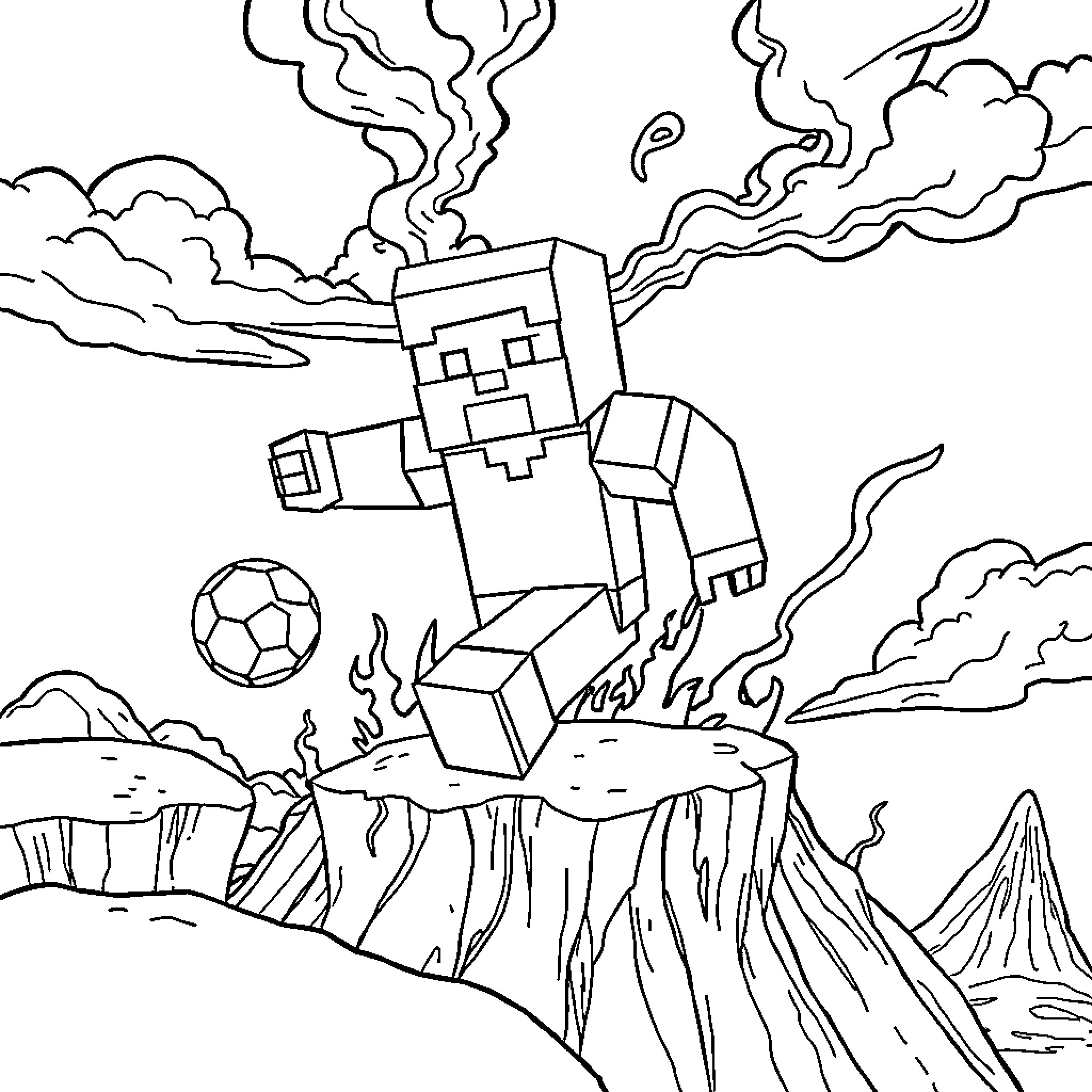 Minecraft Character Kicking a Soccer Ball Coloring Page (free black-and-white line drawing printable PDF for all, from beginners to advanced learners, including children, teens, adults, and seniors)