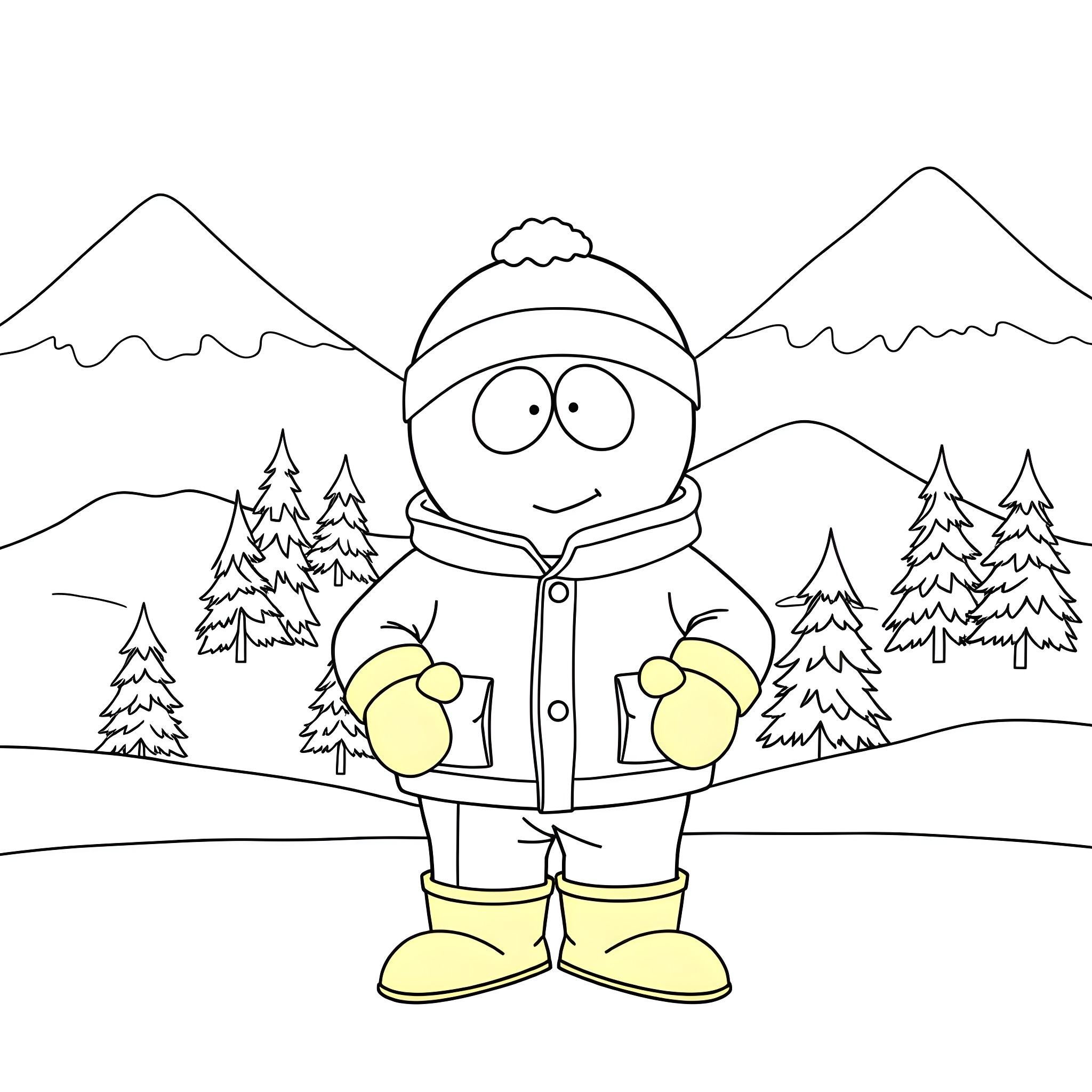 Cartman explores the snowy mountains Coloring Page (free black-and-white line drawing printable PDF for all, from beginners to advanced learners, including children, teens, adults, and seniors)