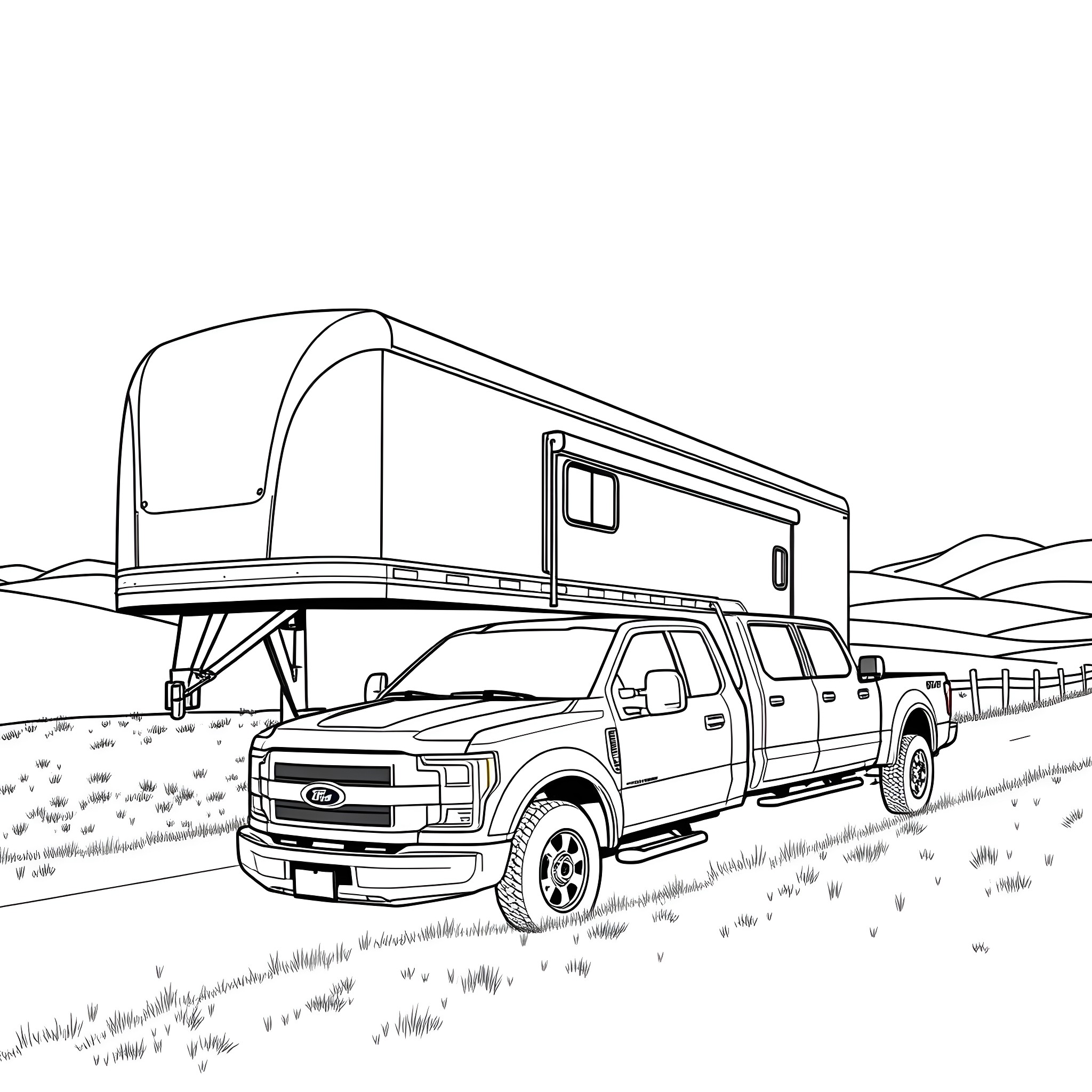 Gooseneck Trailer with Pickup Truck on Countryside Road Coloring Page (free black-and-white line drawing printable PDF for all, from beginners to advanced learners, including children, teens, adults, and seniors)