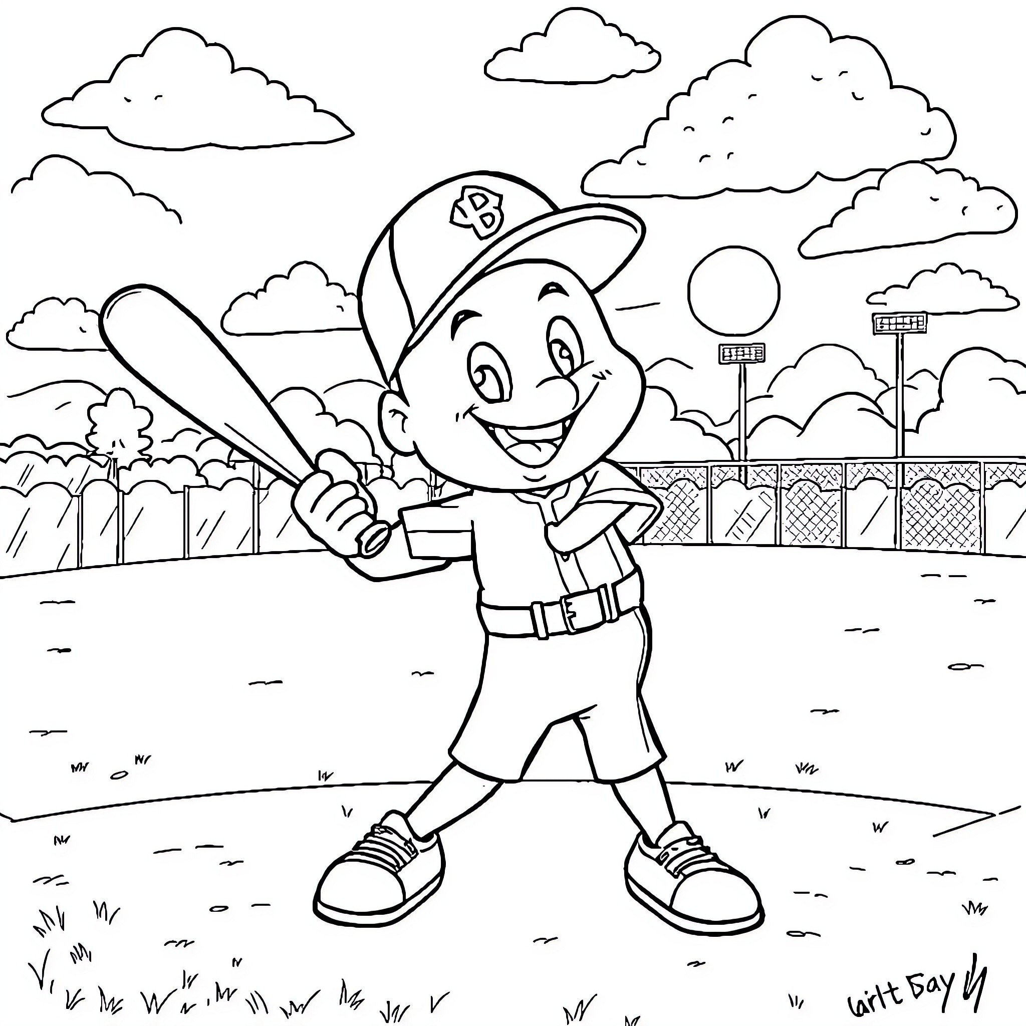 Bluey having fun at the baseball field Coloring Page (free black-and-white line drawing printable PDF for all, from beginners to advanced learners, including children, teens, adults, and seniors)
