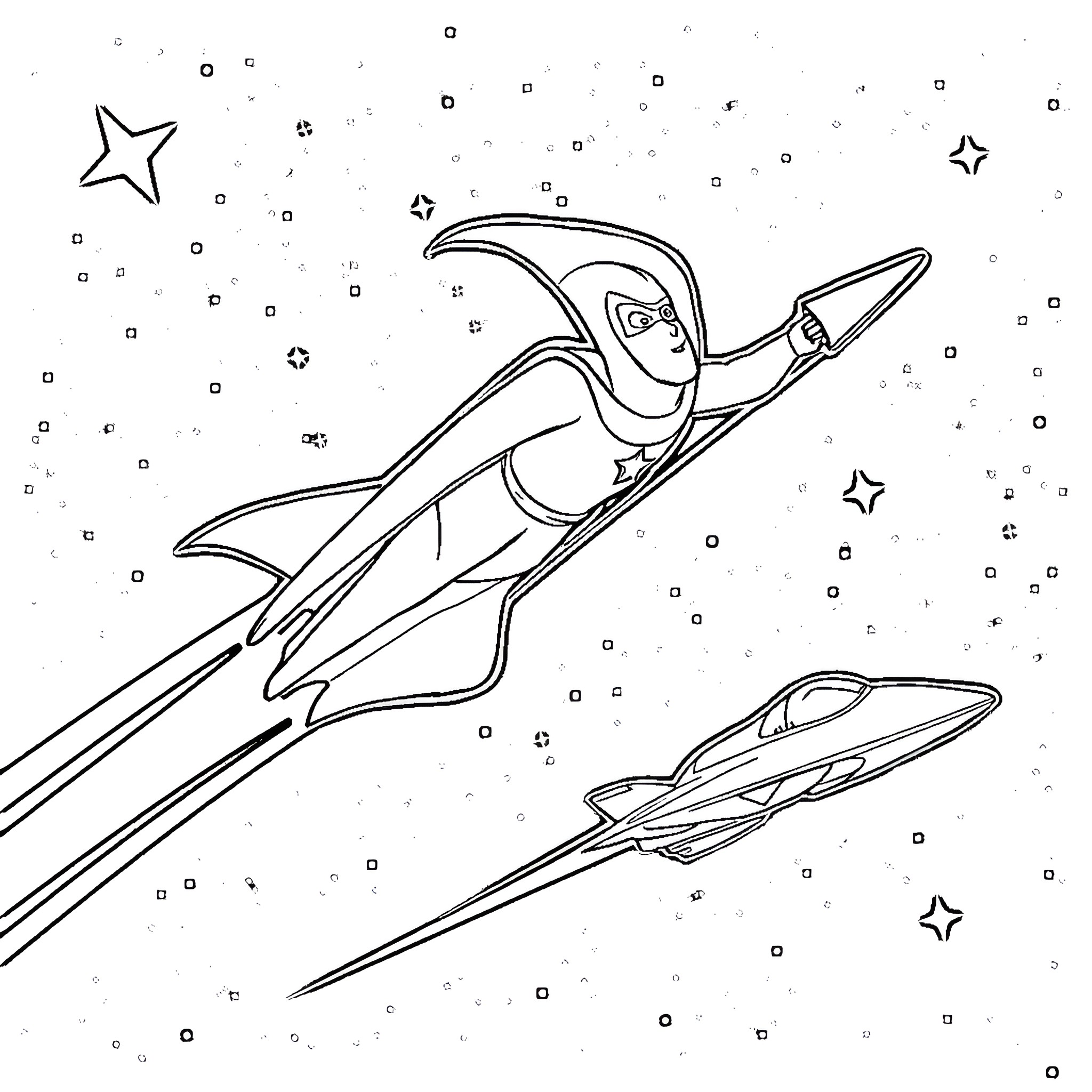 Space Ghost flying through the cosmos Coloring Page (free black-and-white line drawing printable PDF for all, from beginners to advanced learners, including children, teens, adults, and seniors)