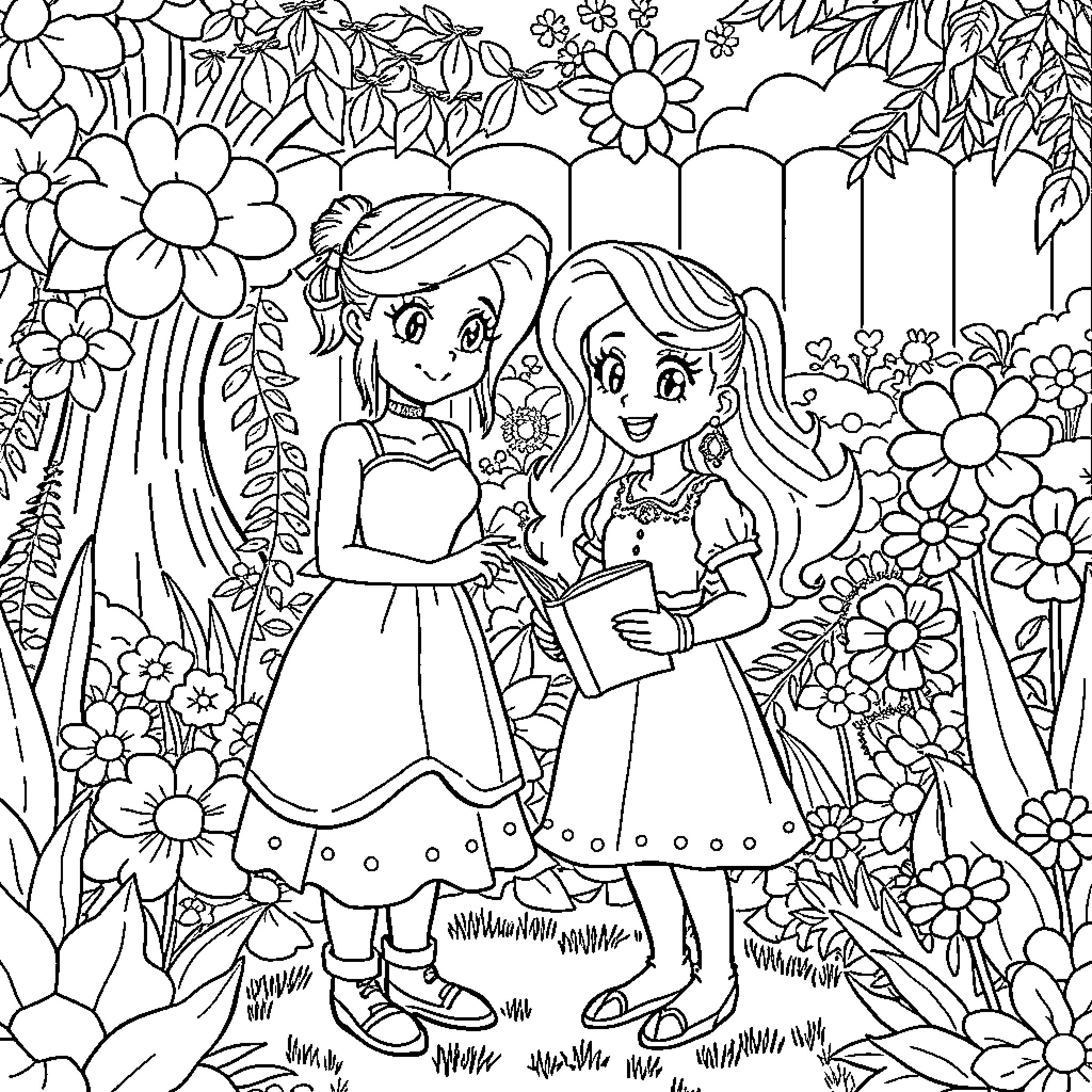 Aerith and Bulma enjoying nature's beauty together Coloring Page (free black-and-white line drawing printable PDF for all, from beginners to advanced learners, including children, teens, adults, and seniors)