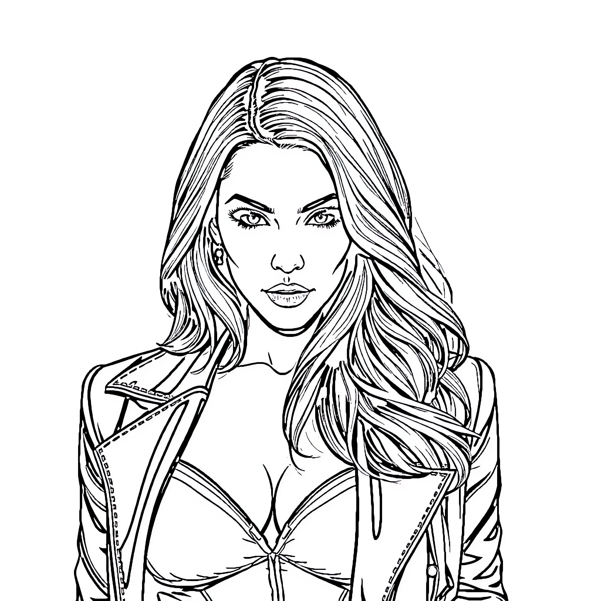 Megan Fox posing confidently in an edgy outfit Coloring Page (free black-and-white line drawing printable PDF for all, from beginners to advanced learners, including children, teens, adults, and seniors)