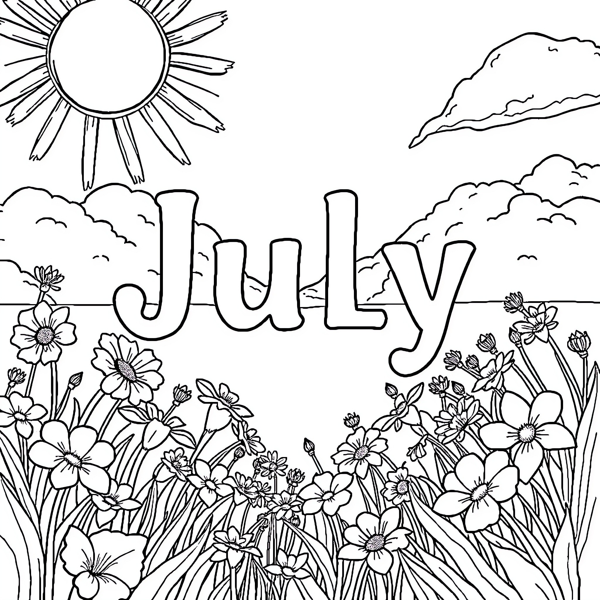 July flowers blooming under the sun Coloring Page (free black-and-white line drawing printable PDF for all, from beginners to advanced learners, including children, teens, adults, and seniors)