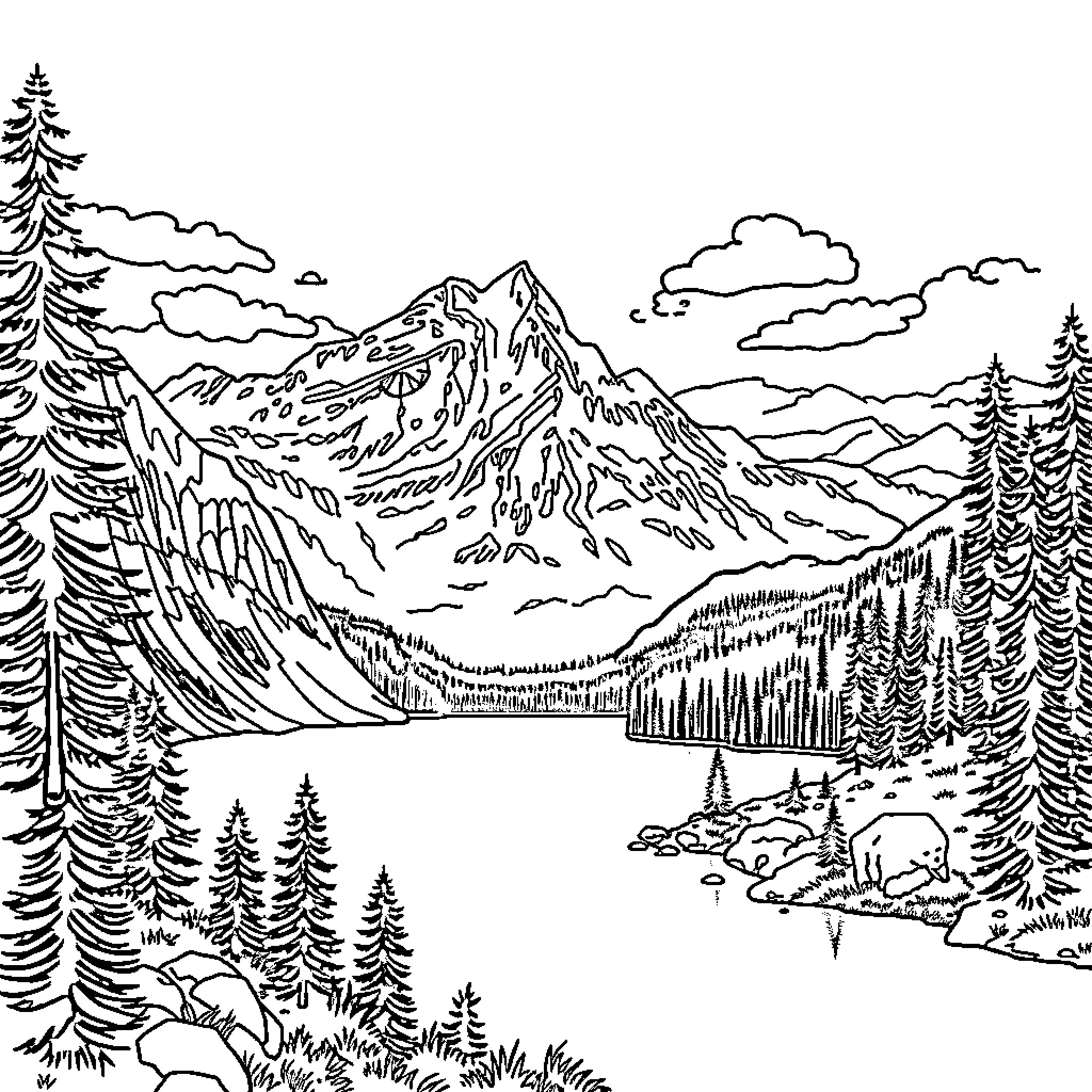 Canada's majestic mountain landscape with wildlife Coloring Page (free black-and-white line drawing printable PDF for all, from beginners to advanced learners, including children, teens, adults, and seniors)