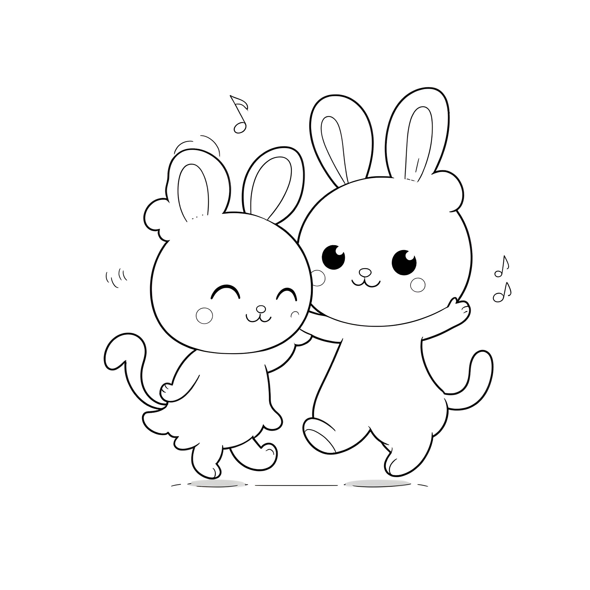 Cinamoroll playing with happy bunnies Coloring Page (free black-and-white line drawing printable PDF for all, from beginners to advanced learners, including children, teens, adults, and seniors)