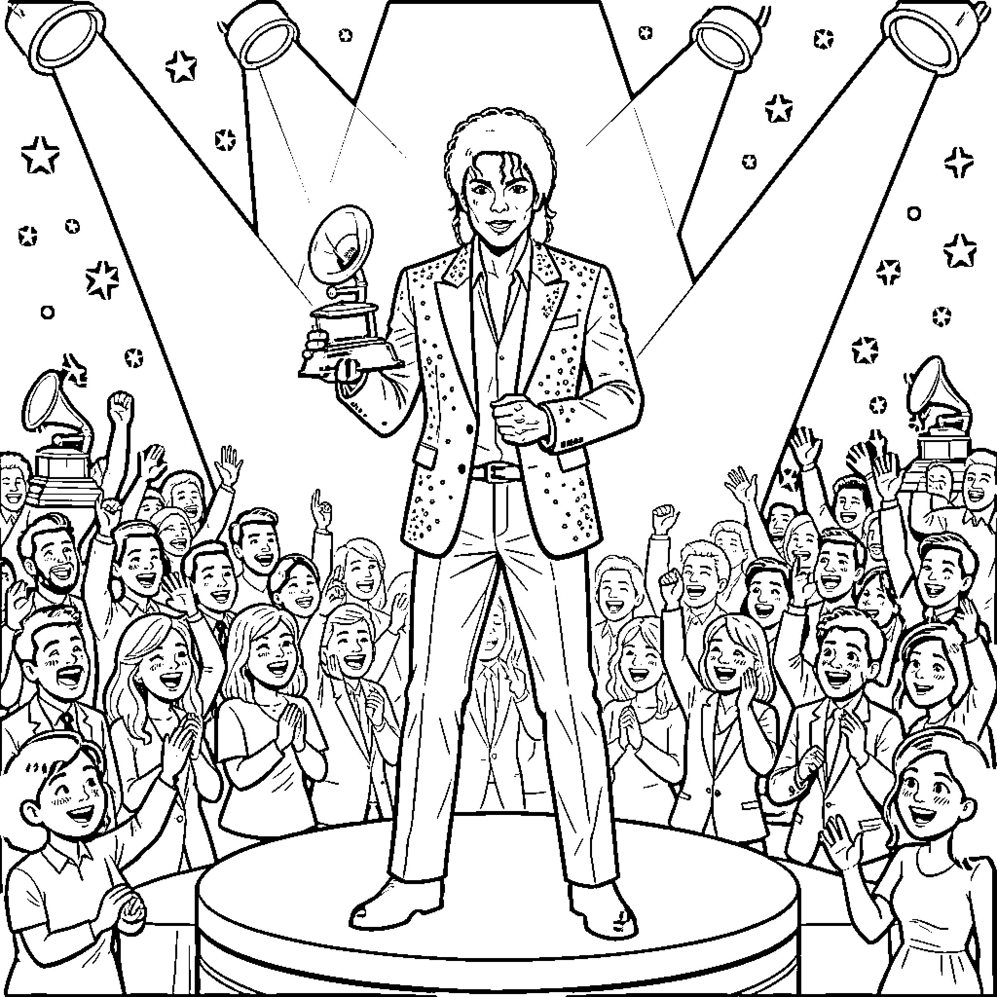 Michael Jackson holding an award on stage before a crowd Coloring Page (free black-and-white line drawing printable PDF for all, from beginners to advanced learners, including children, teens, adults, and seniors)