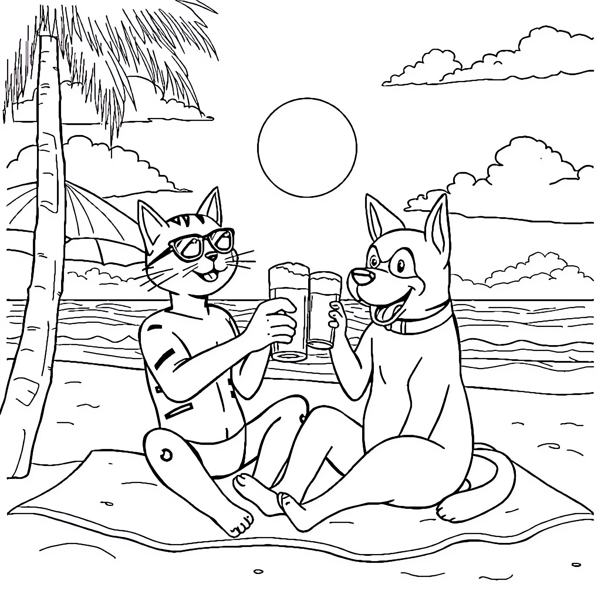 Catman and his dog companion enjoy a beach day Coloring Page (free black-and-white line drawing printable PDF for all, from beginners to advanced learners, including children, teens, adults, and seniors)