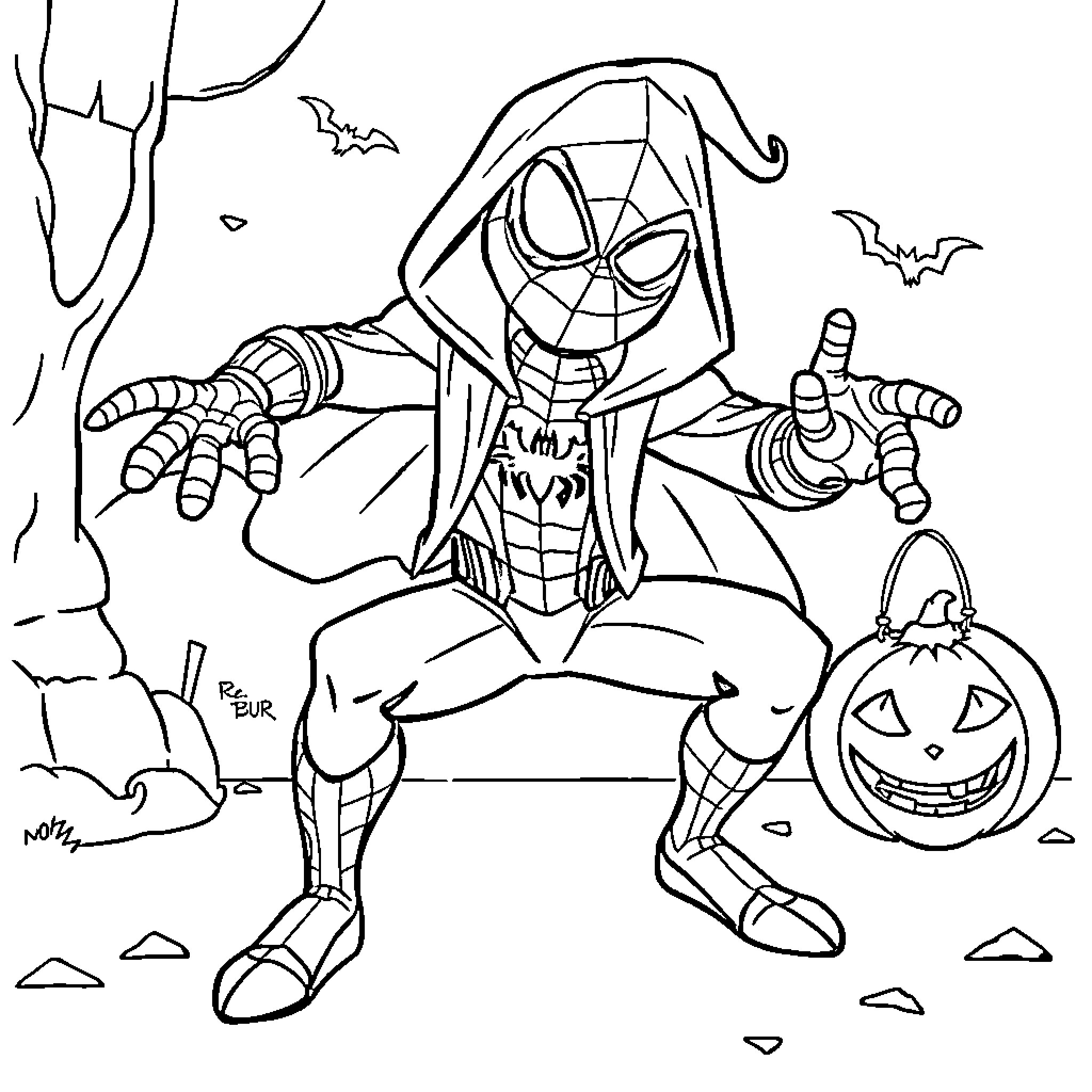 Spiderman's Halloween Adventure Coloring Page (free black-and-white line drawing printable PDF for all, from beginners to advanced learners, including children, teens, adults, and seniors)