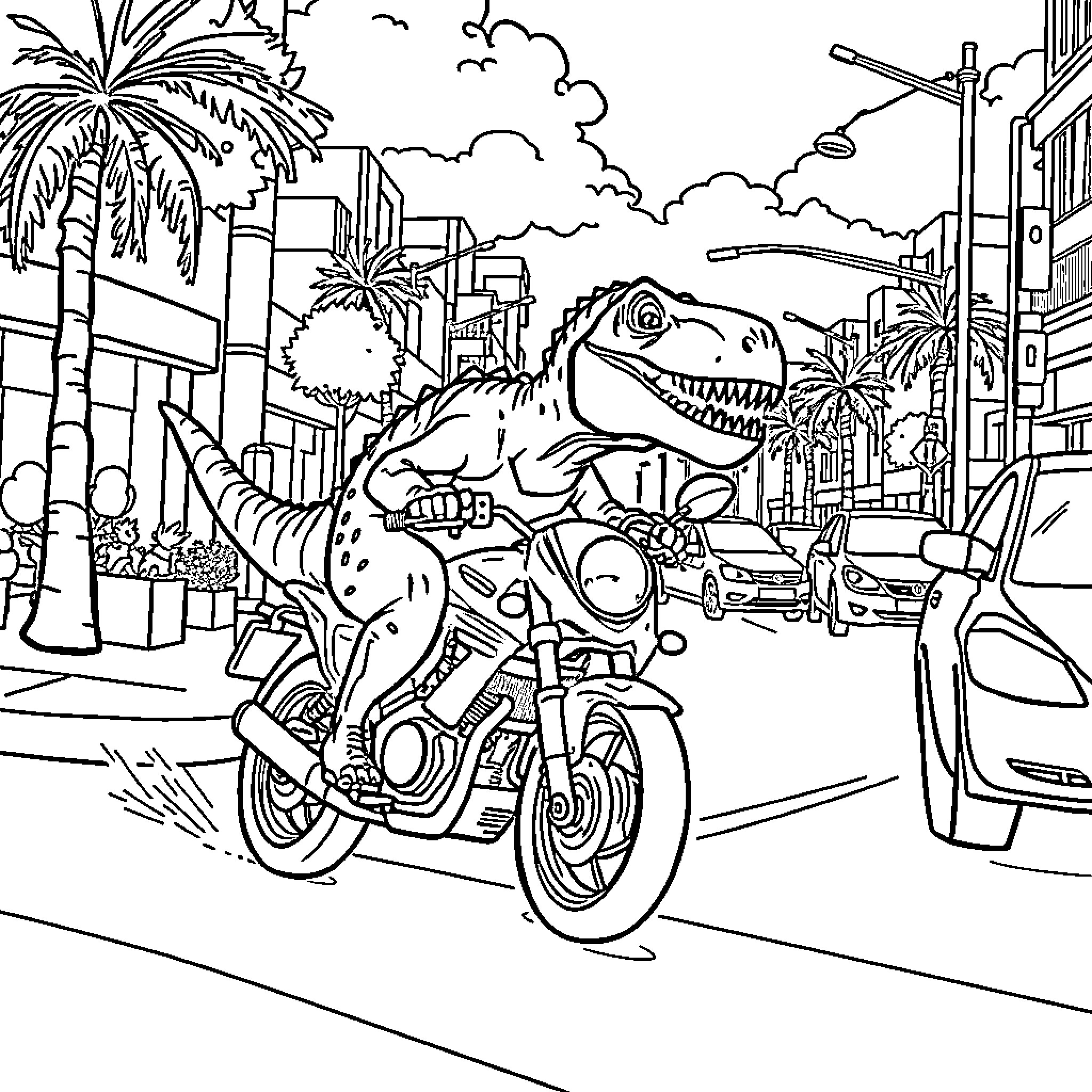 Dinosaur riding motorcycle through city streets Coloring Page (free black-and-white line drawing printable PDF for all, from beginners to advanced learners, including children, teens, adults, and seniors)