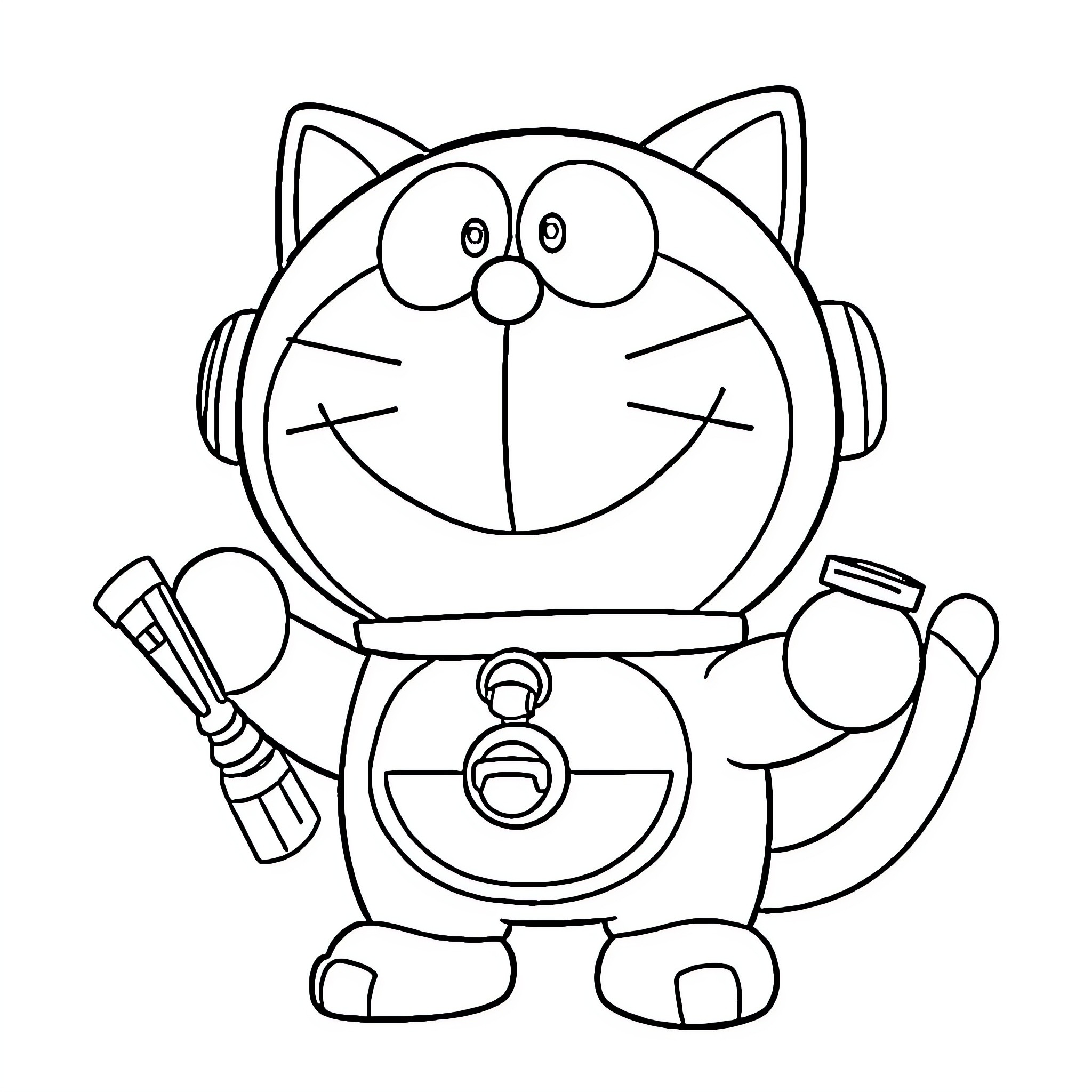 Doraemon holding tools with cheerful expression Coloring Page (free black-and-white line drawing printable PDF for all, from beginners to advanced learners, including children, teens, adults, and seniors)