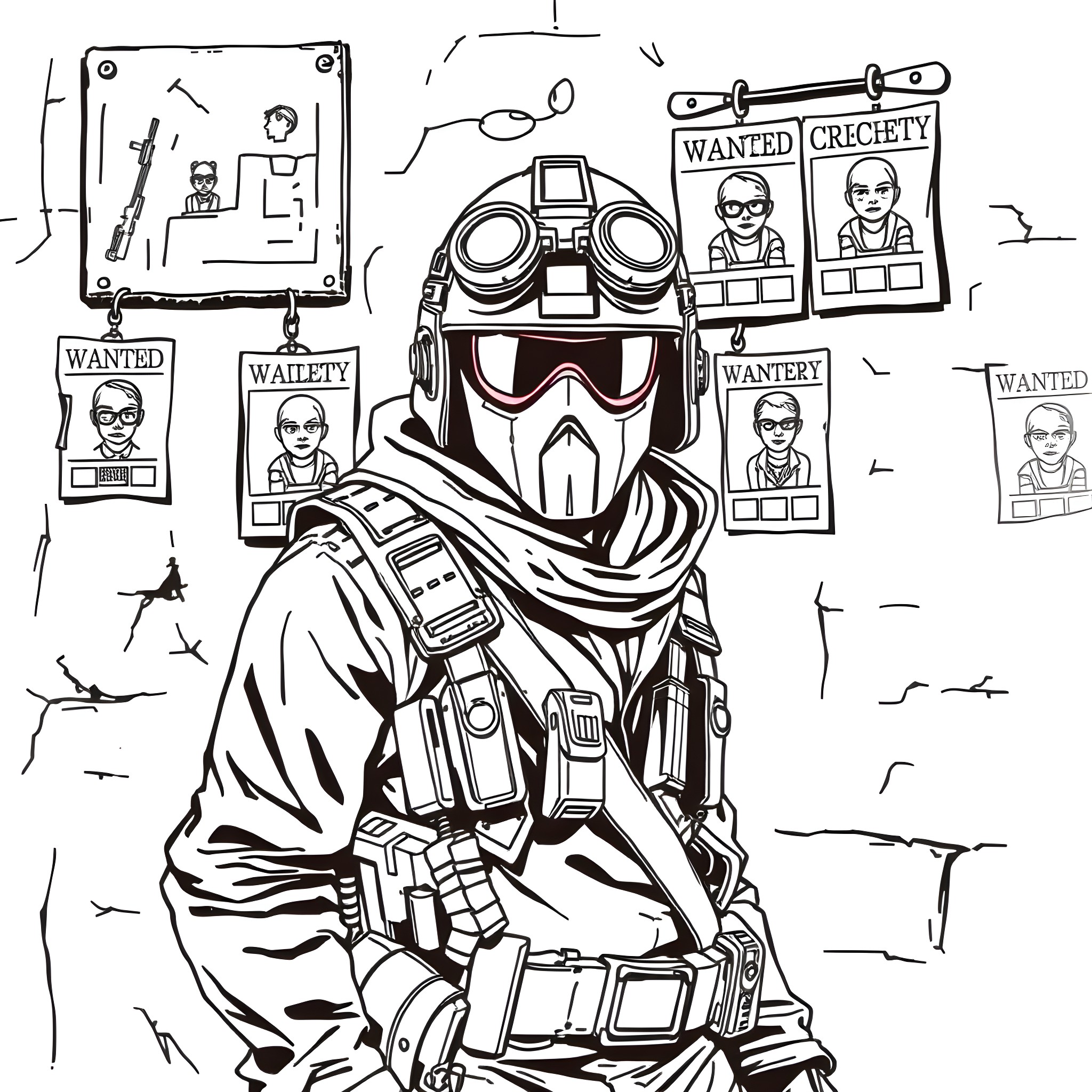 Bountyhunter searching for wanted criminals Coloring Page (free black-and-white line drawing printable PDF for all, from beginners to advanced learners, including children, teens, adults, and seniors)