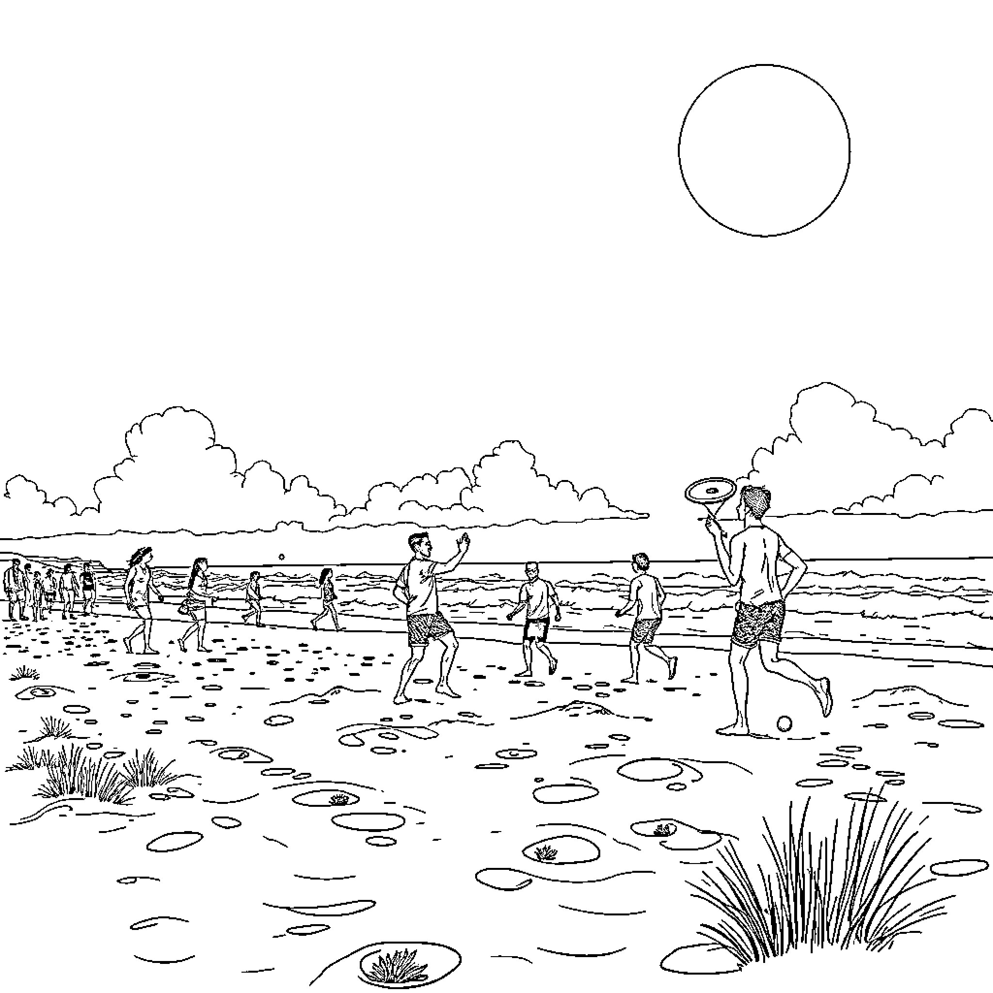 Frisbee game on the beach Coloring Page (free black-and-white line drawing printable PDF for all, from beginners to advanced learners, including children, teens, adults, and seniors)