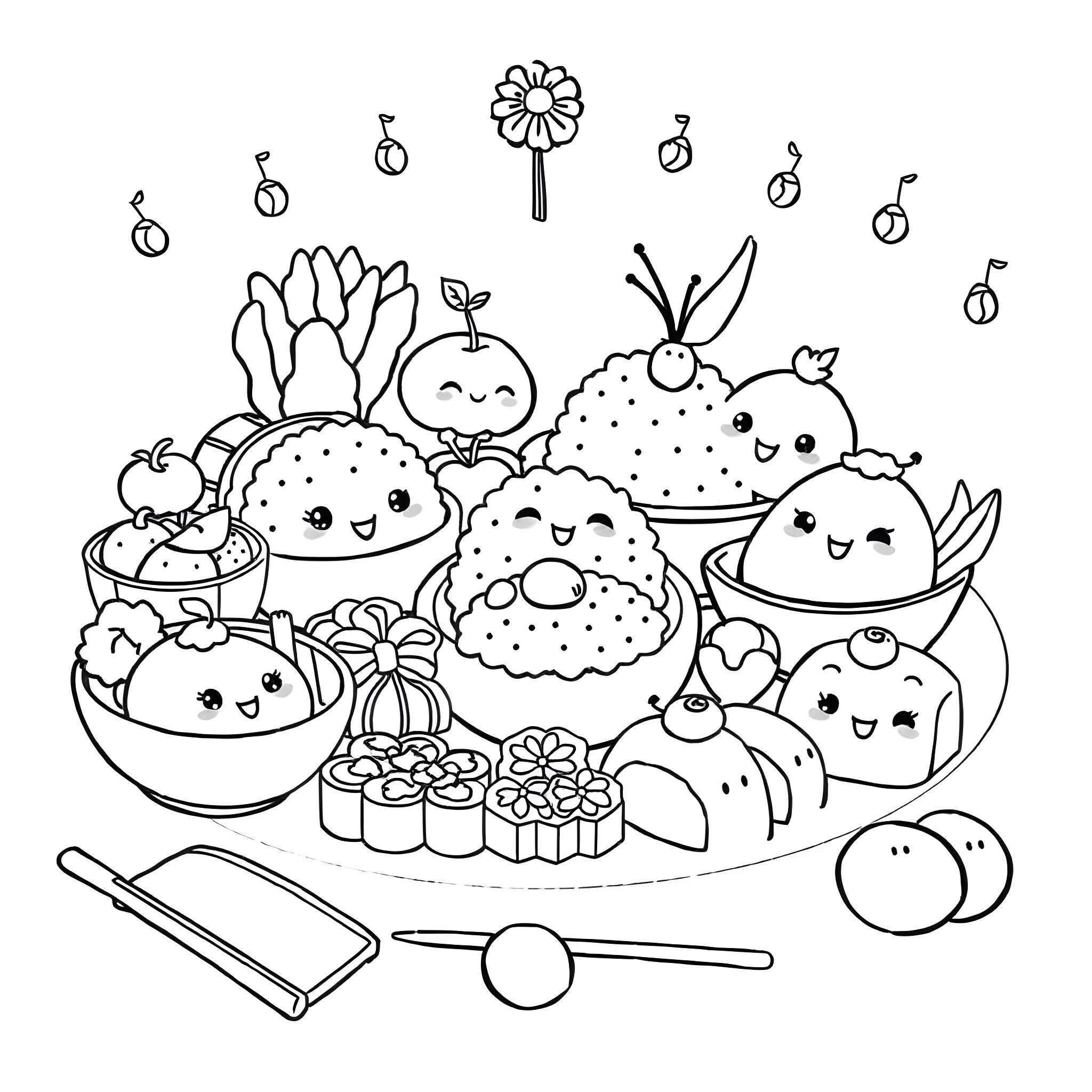 Kawaii Food featuring cute characters and delicious snacks Coloring Page (free black-and-white line drawing printable PDF for all, from beginners to advanced learners, including children, teens, adults, and seniors)