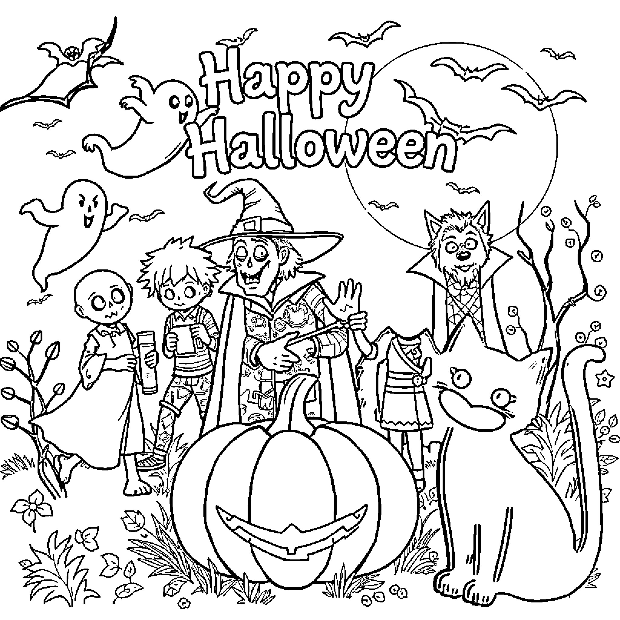 Halloween characters in a spooky, festive scene Coloring Page (free black-and-white line drawing printable PDF for all, from beginners to advanced learners, including children, teens, adults, and seniors)