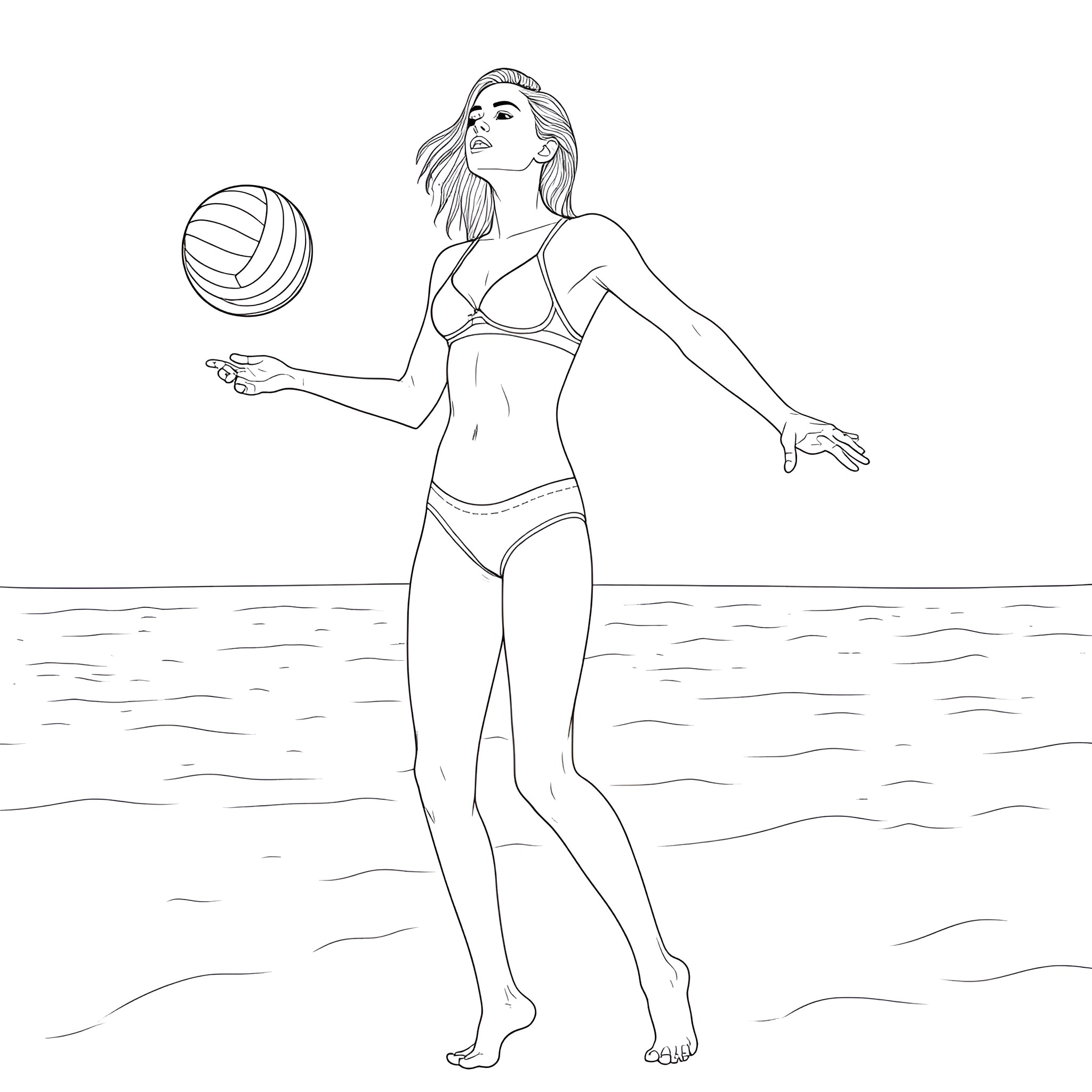 Scarlett Johansson playing beach volleyball in a swimsuit Coloring Page (free black-and-white line drawing printable PDF for all, from beginners to advanced learners, including children, teens, adults, and seniors)