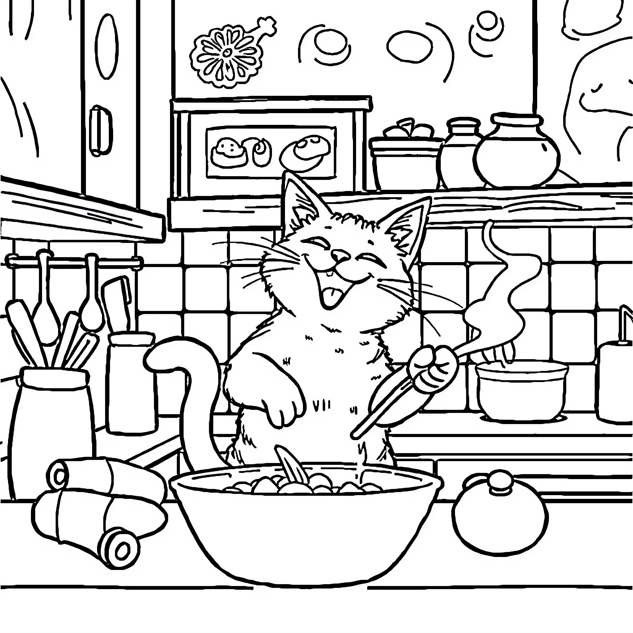 Cat preparing a meal in the kitchen Coloring Page (free black-and-white line drawing printable PDF for all, from beginners to advanced learners, including children, teens, adults, and seniors)