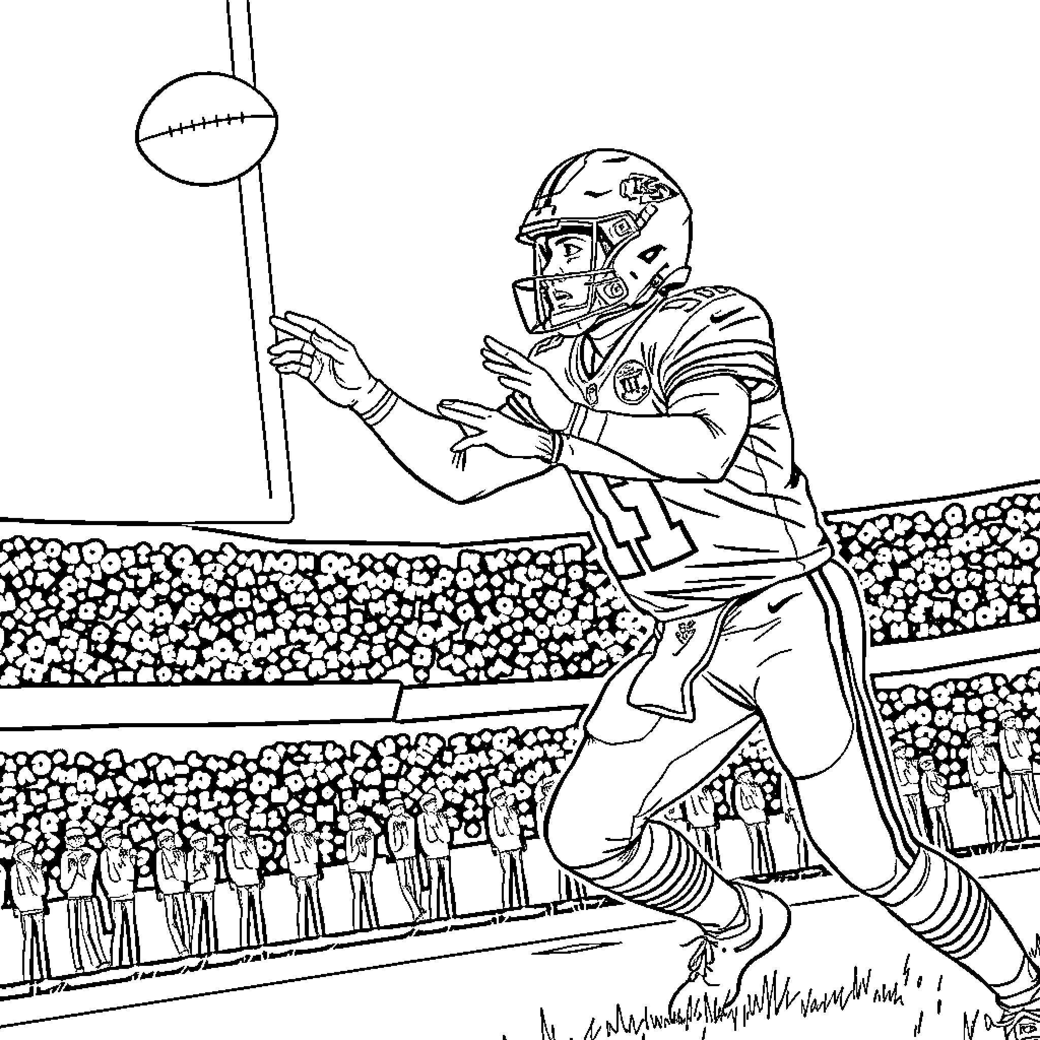 Patrick Mahomes Throwing Football in Stadium Coloring Page (free black-and-white line drawing printable PDF for all, from beginners to advanced learners, including children, teens, adults, and seniors)