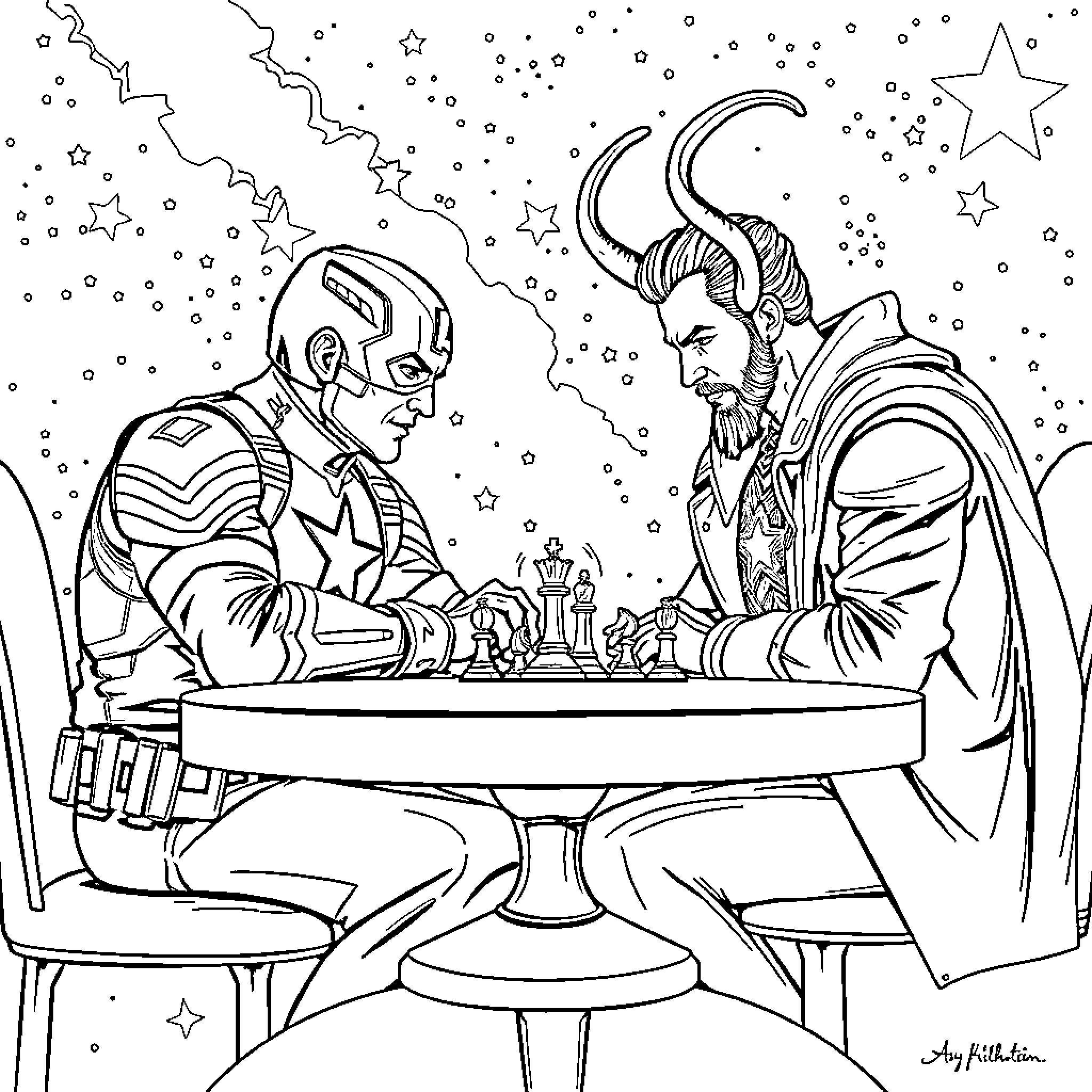 Captain America Playing Chess with Loki Under the Stars Coloring Page (free black-and-white line drawing printable PDF for all, from beginners to advanced learners, including children, teens, adults, and seniors)