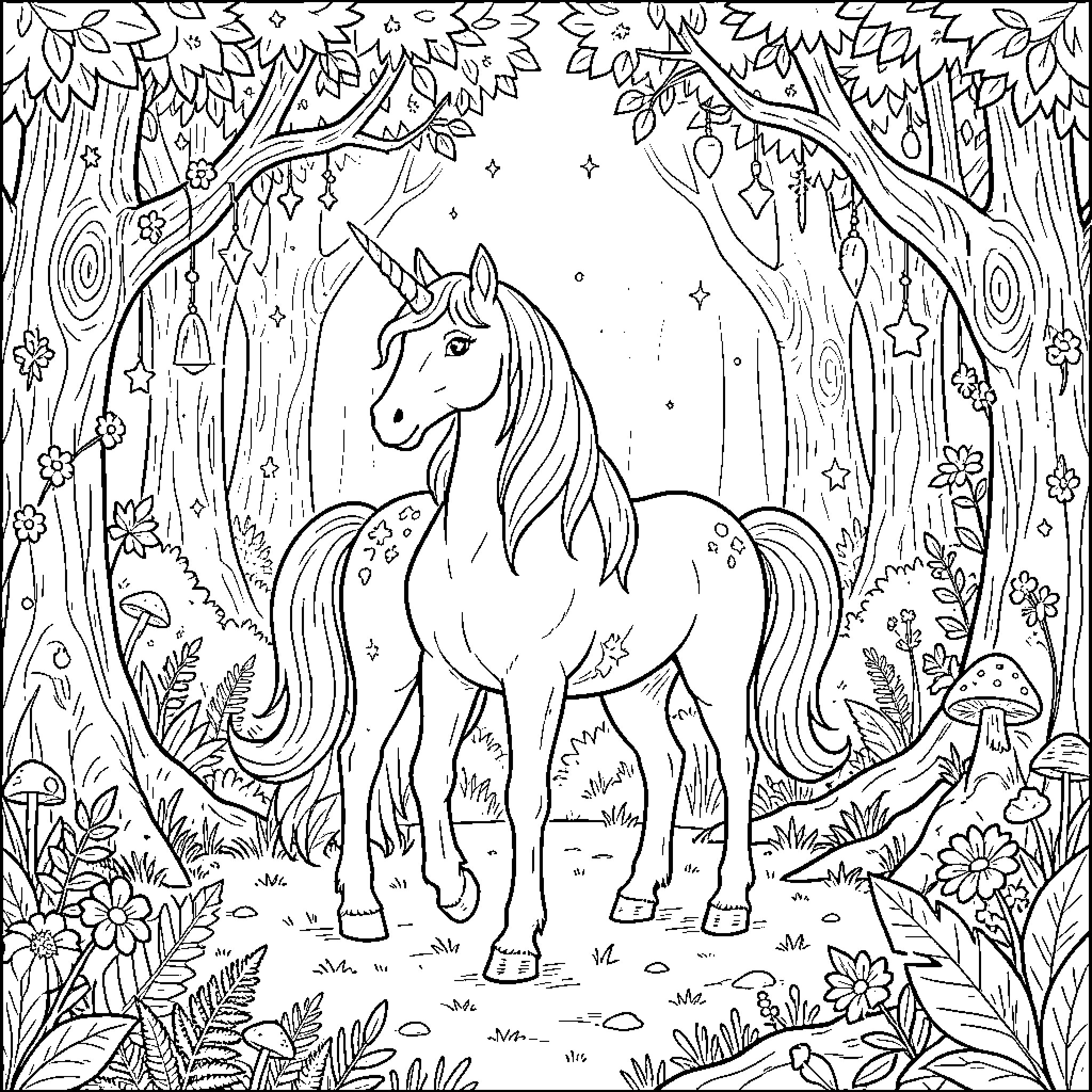 Unicorn standing peacefully in a magical forest scene Coloring Page (free black-and-white line drawing printable PDF for all, from beginners to advanced learners, including children, teens, adults, and seniors)