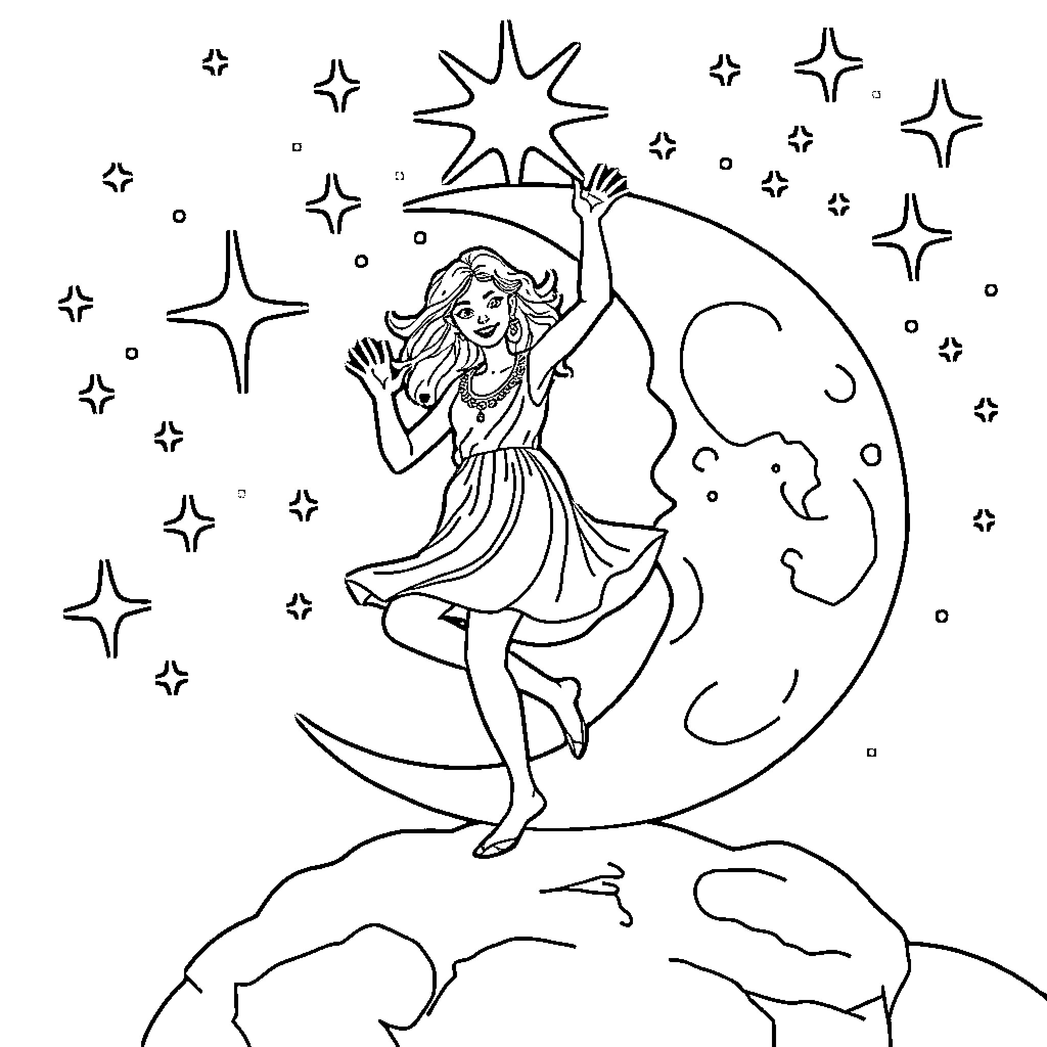 Beat-Bo Dancing Joyfully Under Starry Night Sky Coloring Page (free black-and-white line drawing printable PDF for all, from beginners to advanced learners, including children, teens, adults, and seniors)