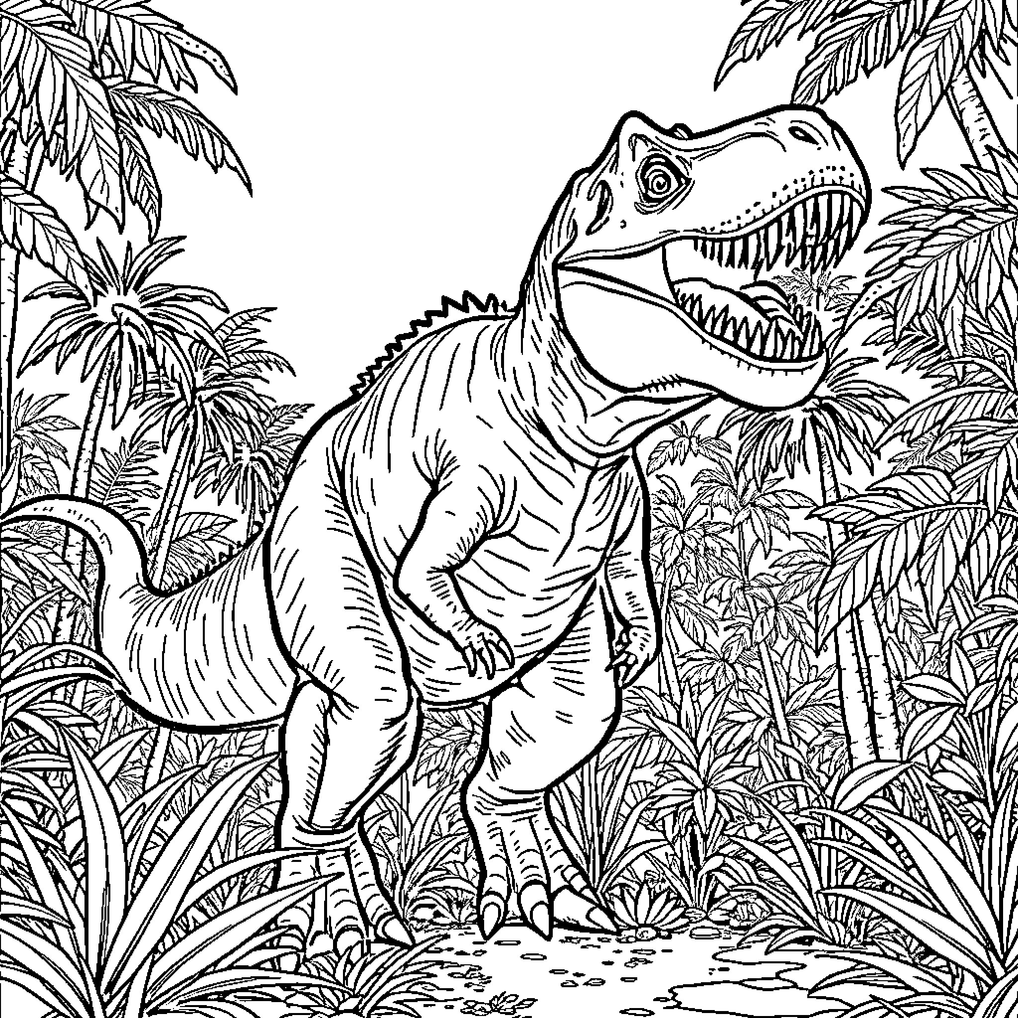Indominus Rex Dinosaur in Lush Jungle Landscape Coloring Page (free black-and-white line drawing printable PDF for all, from beginners to advanced learners, including children, teens, adults, and seniors)