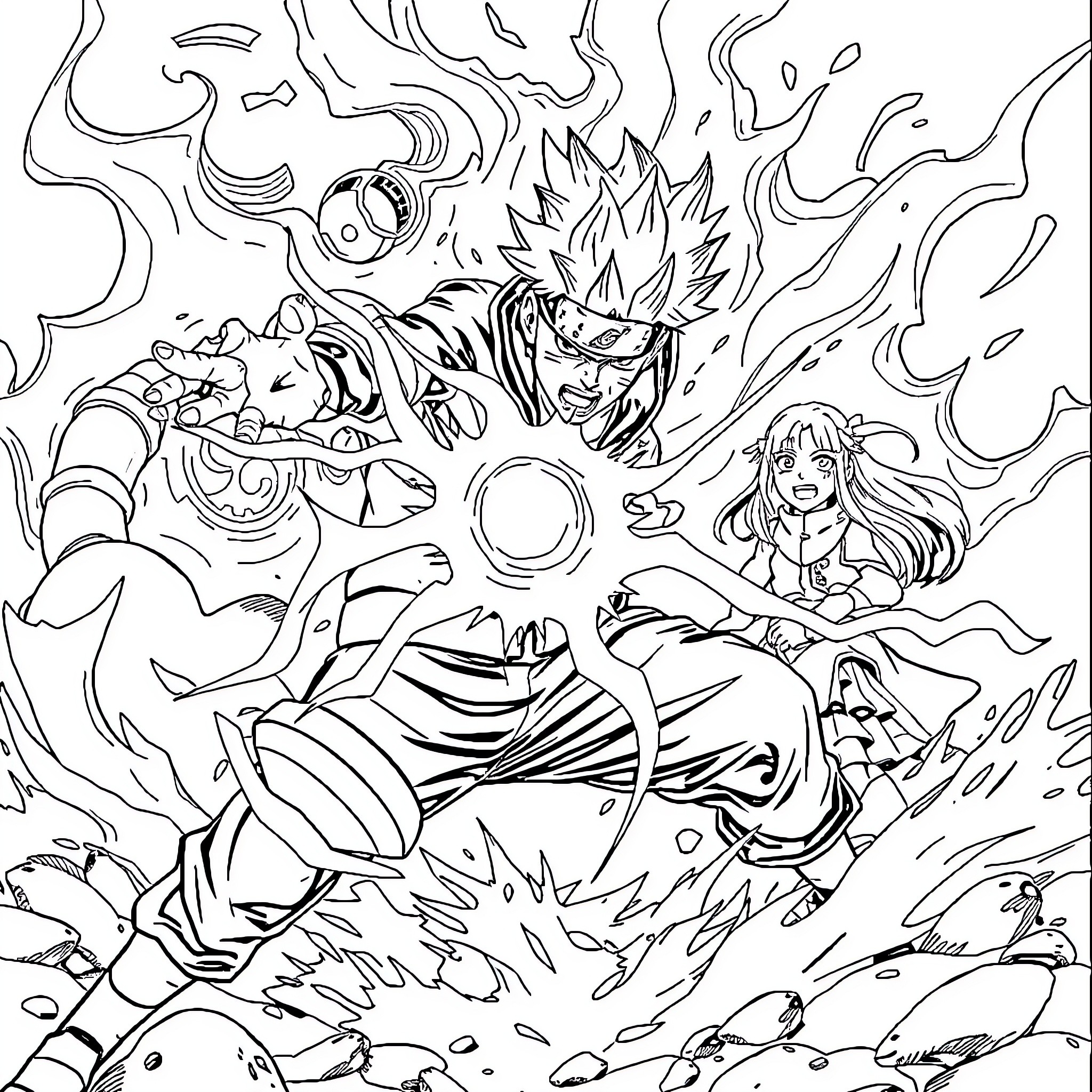 Naruto characters in an intense battle scene Coloring Page (free black-and-white line drawing printable PDF for all, from beginners to advanced learners, including children, teens, adults, and seniors)