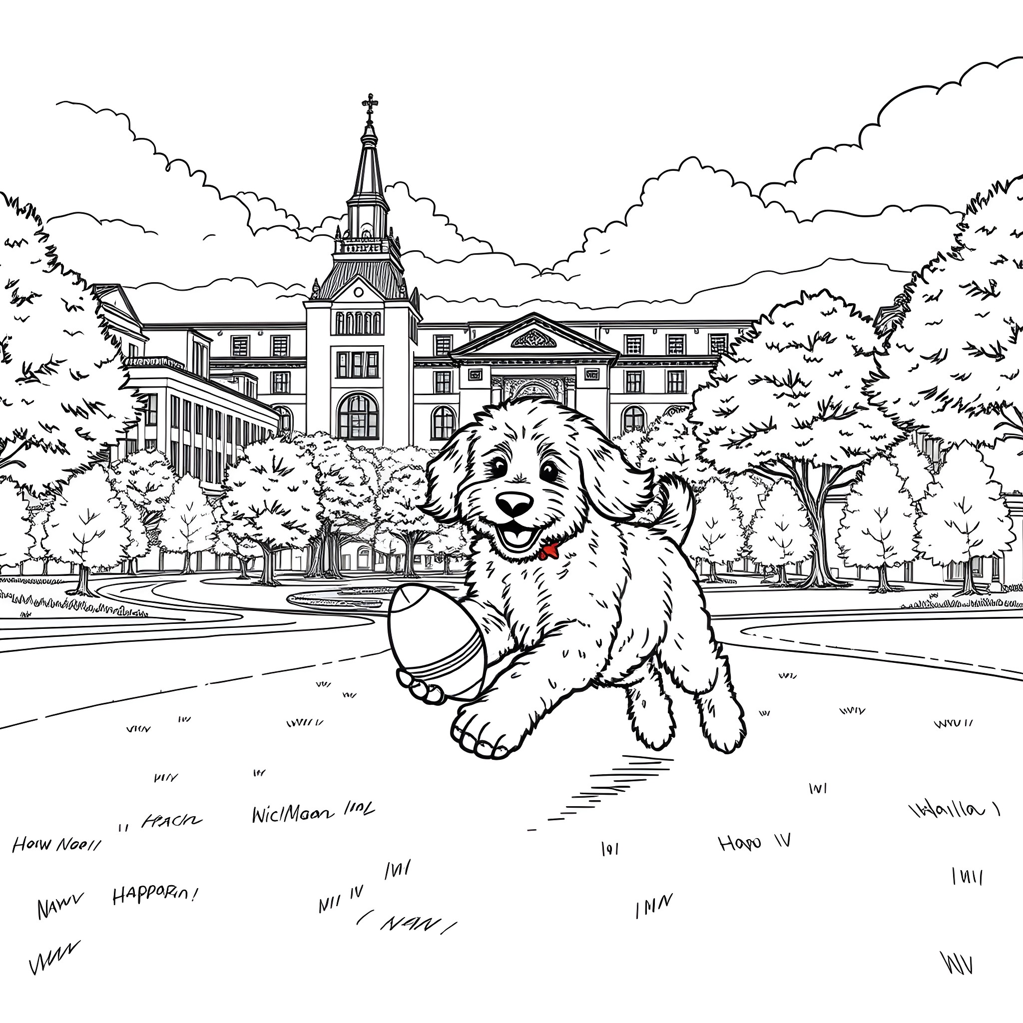 Doodle of a playful dog in a scenic park Coloring Page (free black-and-white line drawing printable PDF for all, from beginners to advanced learners, including children, teens, adults, and seniors)